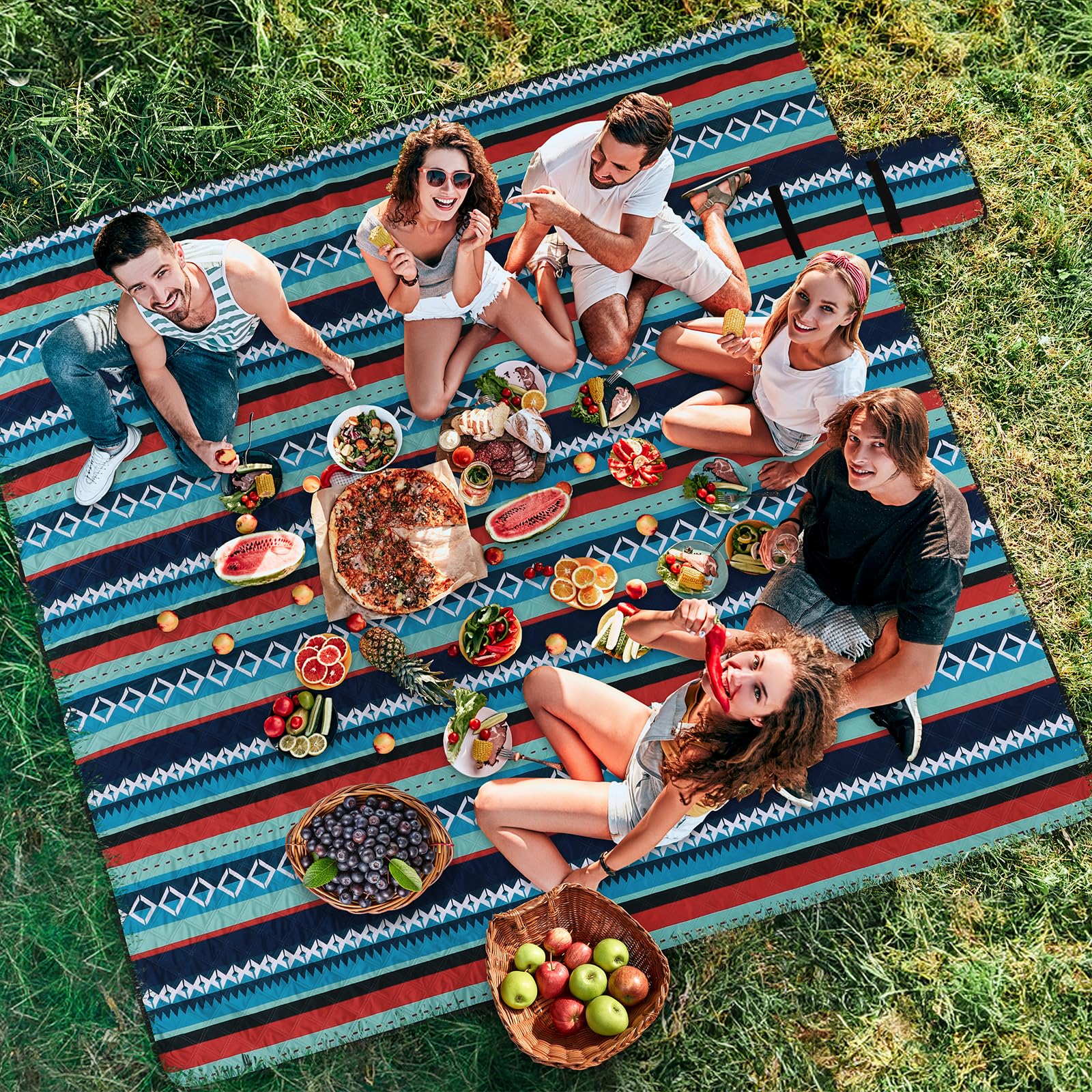 LIFERUN Coperta da picnic XXL 200x300 cm lavabile in lavatrice pieghevole verde a righe