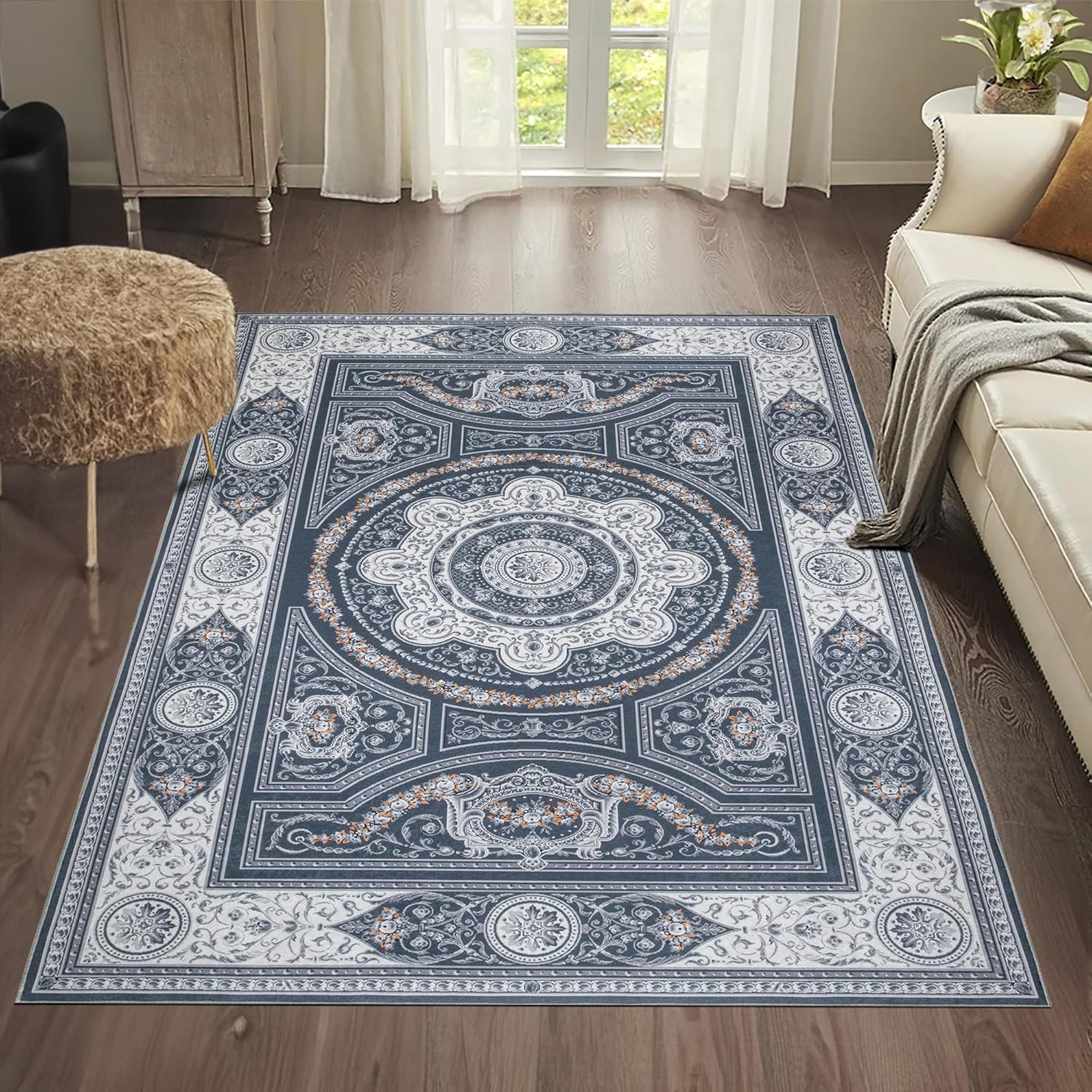 Super Area Rugs - 3X5 Machine Washable Rug Traditional Vintage Small Rug for Entryway - Gray, 3' x 5'