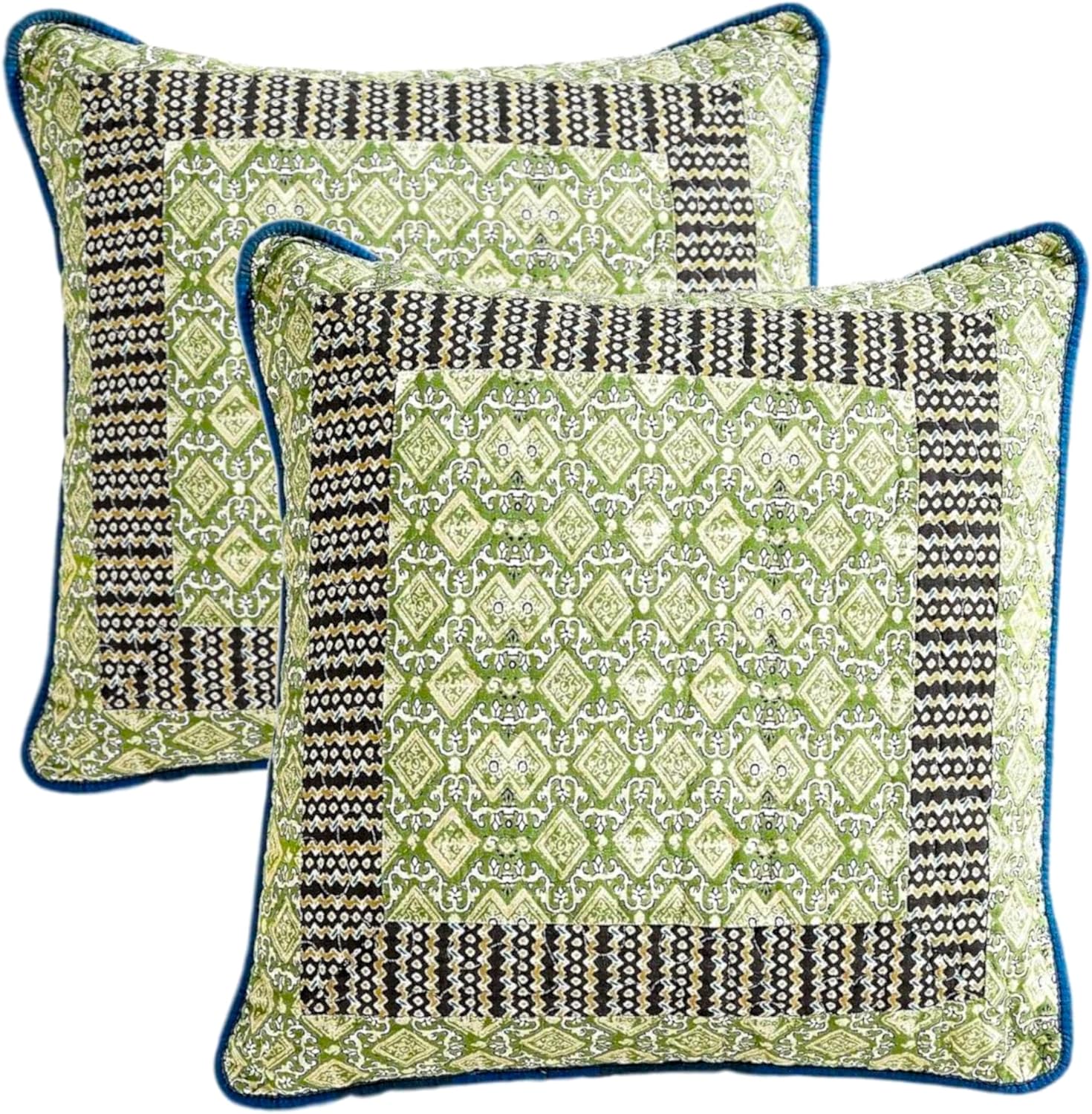 Tache Cotton Patchwork Country Cottage Geometric Blue Green Bohemian Ocean 18x18 Quilted Throw Pillow Cover 2-Pieces