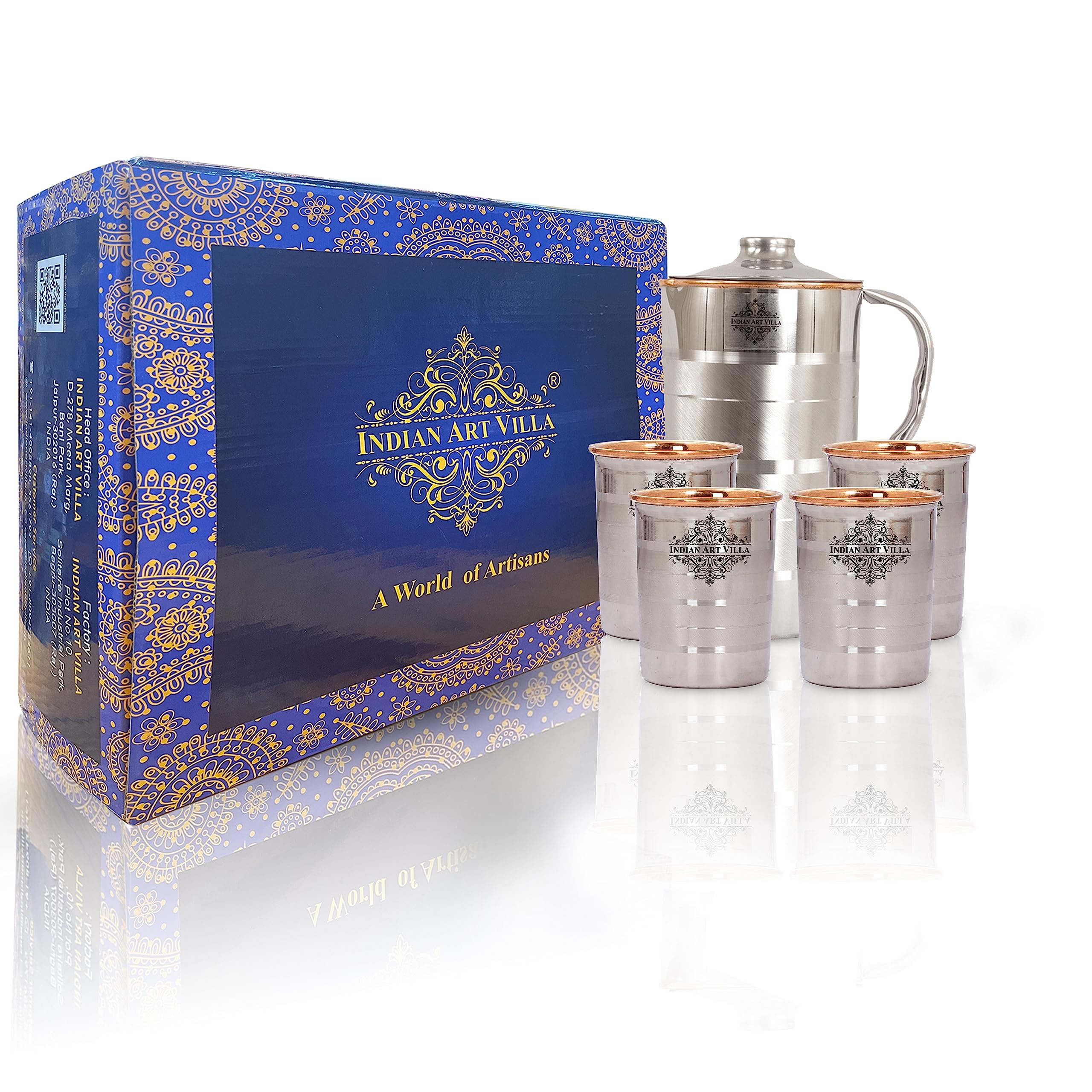 INDIAN ART VILLA Steel Copper Luxury Jug with 4 Glasses Gift Set – Durable and Elegant Drinkware, Ayurvedic Health Benefits, Perfect for Home, Gifting, Festivals, and Special Occasions