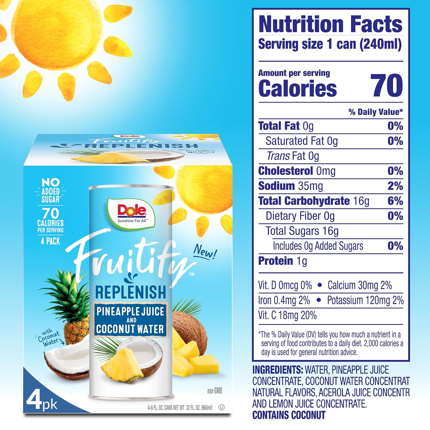 Buy Dole Fruitify Replenish, Pineapple Juice & Coconut Water, 8 Fl Oz