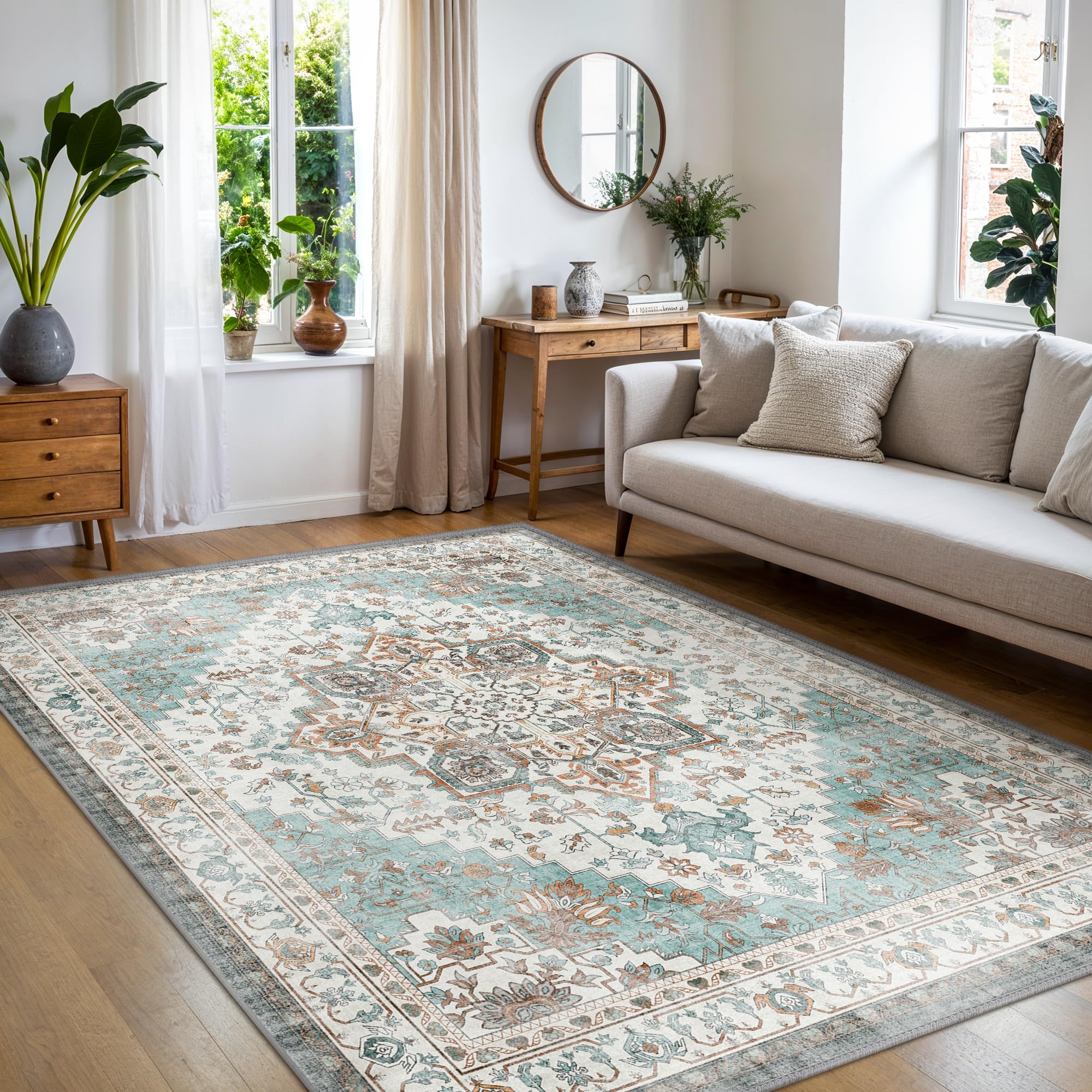 Alfombra Salon Pelo Corto, Antideslizante Alfombra Lavables, Grande Alfombras Vintage para Cocina, Salón Comedor, Habitacion, Dormitorio, Azul, 160x230cm