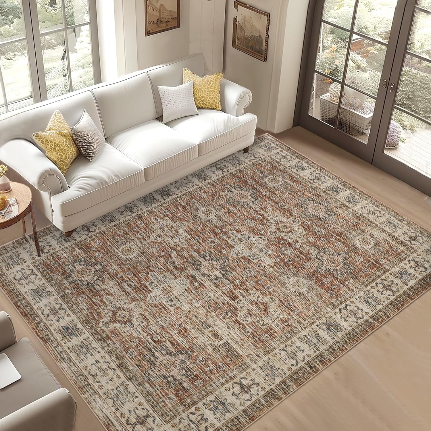 8x10 Rugs for Living Room, Soft Vintage Large Area Rugs for Bedroom Boho Farmhouse Low Pile Non-Slip Washable Indoor Carpet Rugs for Living Room Dining Room Home (Orange, 8'x10')