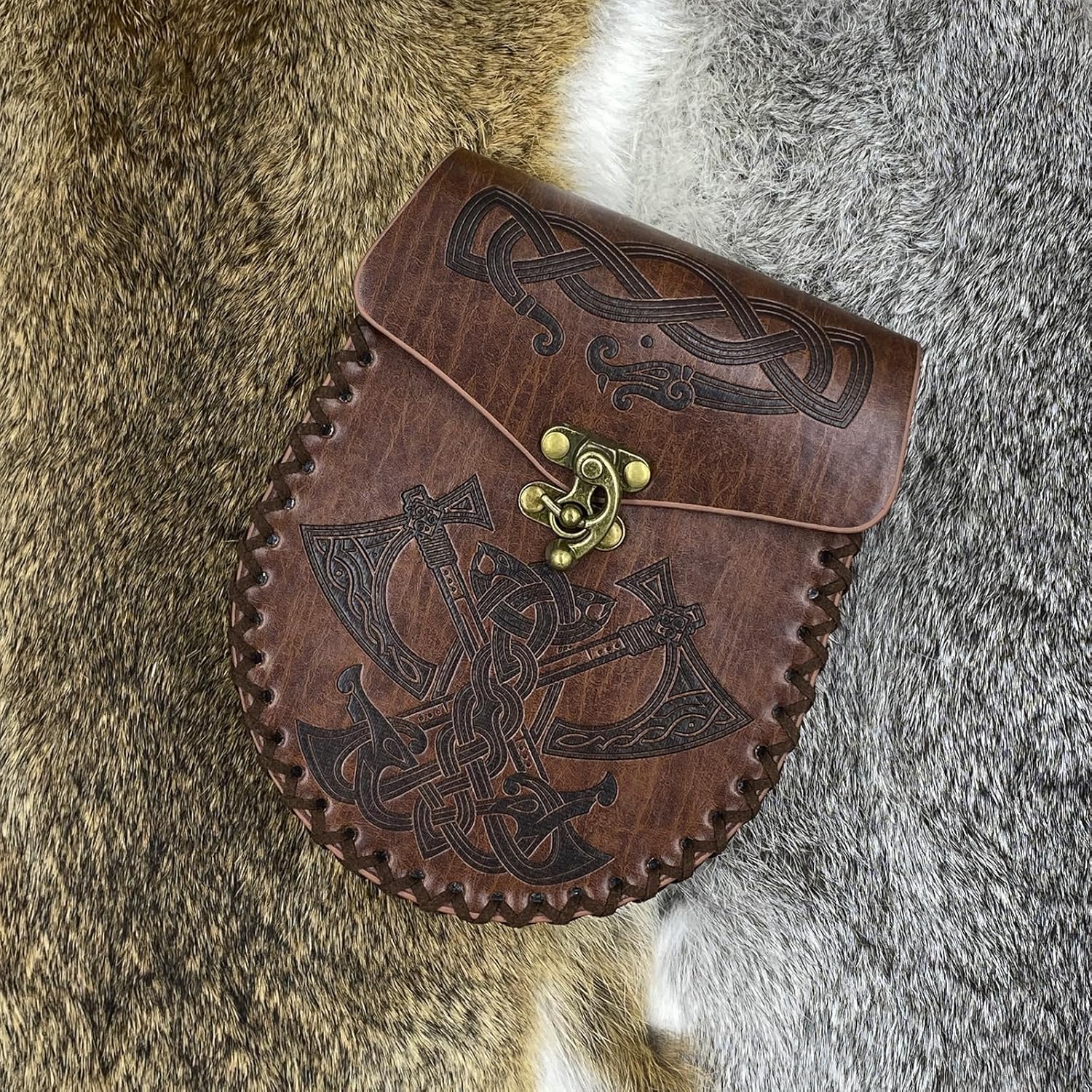 3PCs Medieval Embossed Belt Pouch Set, Viking Buckle Belt Portable Side Bag, Faux Leather Cosplay Accessories (Brown A) - Image 5