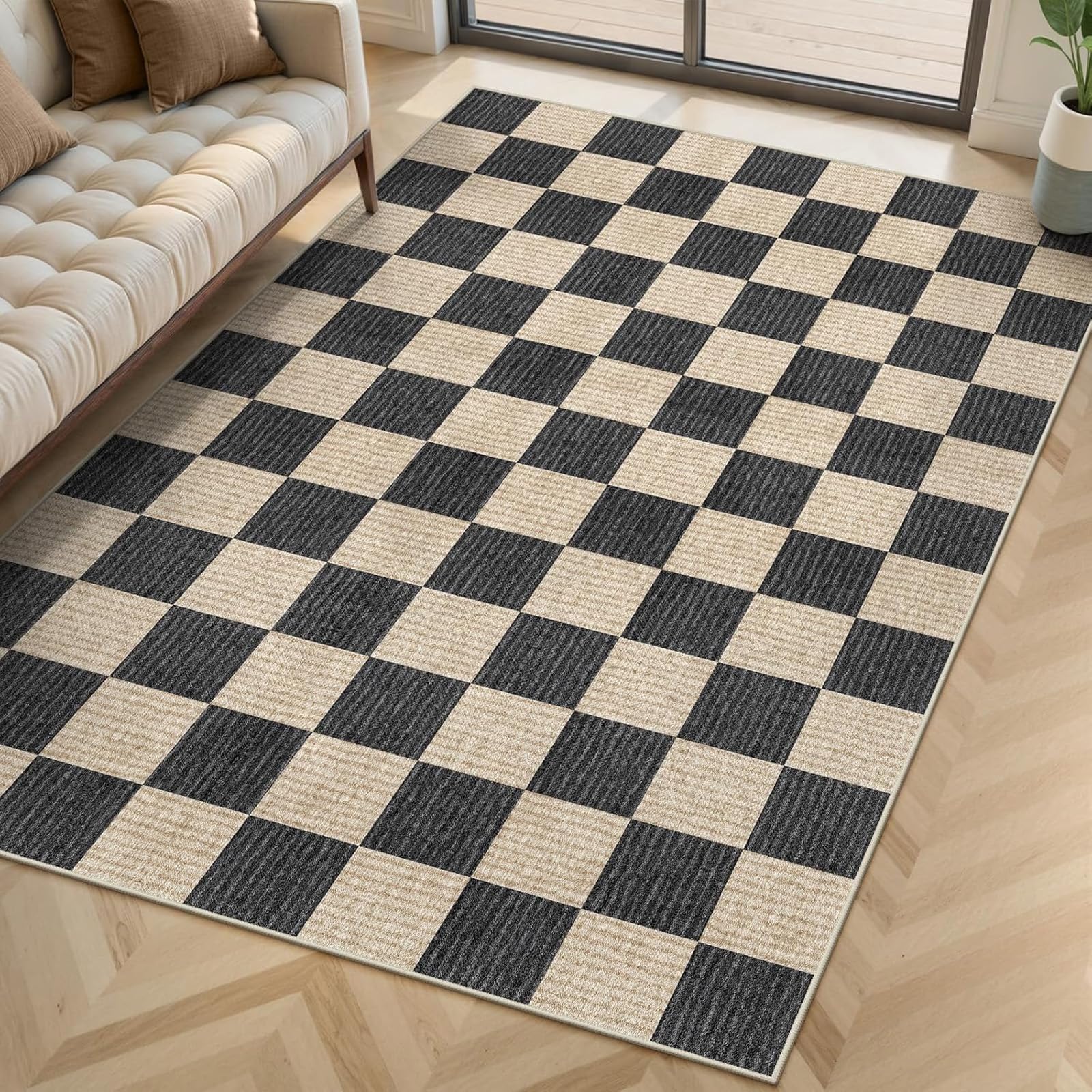Tapis de salon géométrique noir et neutre de 120 x 200 cm pour décoration moderne