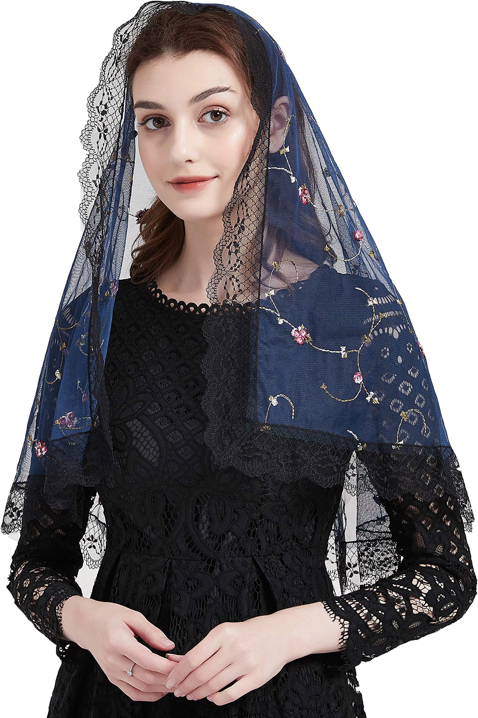 FANFANFANFAN Lace Rose Flower Mantilla Chapel Veil Catholic Shawl Wrap Y018