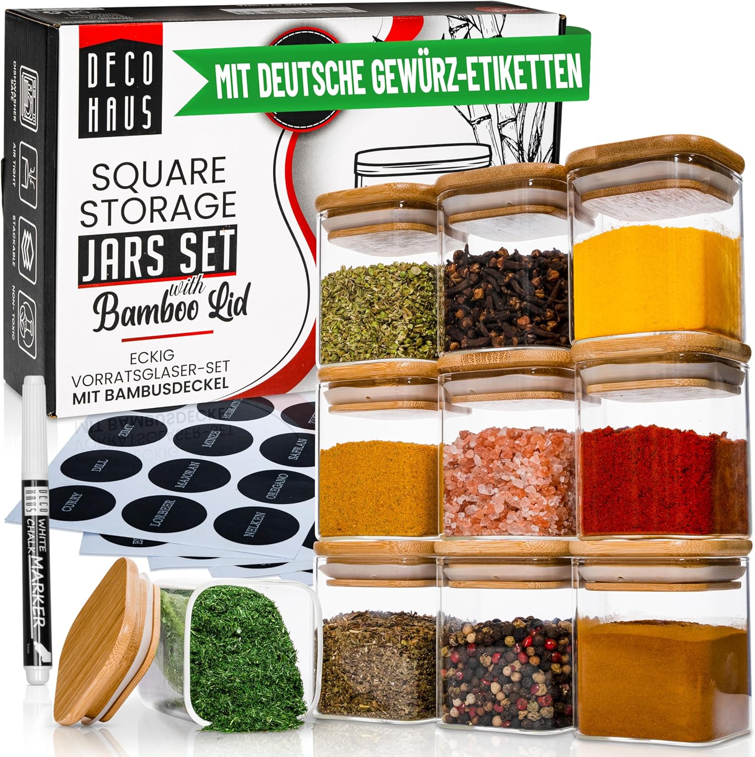 Cinnani Gewürzgläser Set - 12 Luftdichte Glasbehälter Mit Holzdeckel