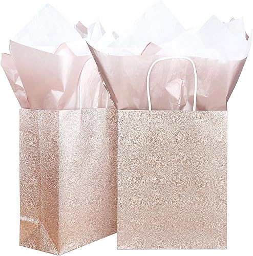 Miniatura 5 de UNIQOOO - 12 bolsas de regalo con purpurina de oro rosa con 12 papel de regalo blanco de 12 pañuelos de oro rosa | Bolsa de papel Kraft para boda