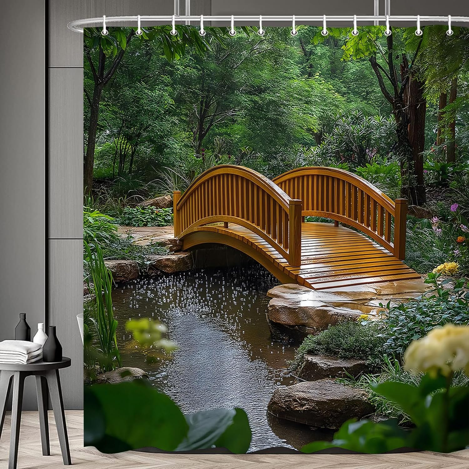 Nature Landscape Shower Curtain Chinese Patio Forest Lake Spring Summer Zen Garden Asian Japanese Bathroom Decor Polyester Fabric with Hooks