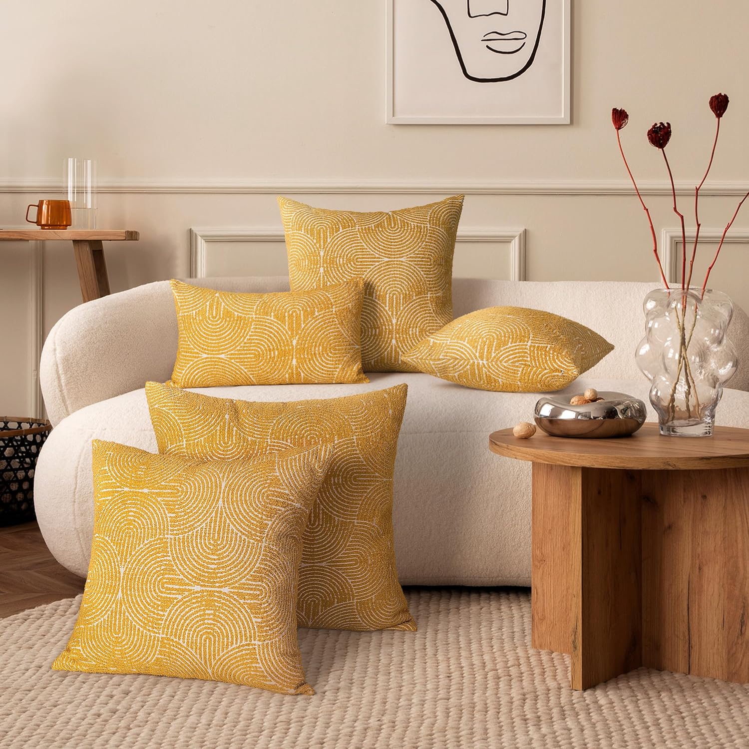 AELS Boho Decorative Textured Throw Pillow Covers 26x26, Organic Modern Mid Century Rainbow Tufted Pillow Case, Farmhouse Rustic Geometric Woven Cushion Case for Bed Couch Sofa, Mustard Yellow