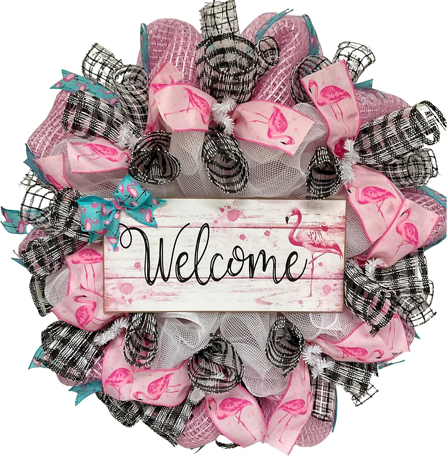 Flamingo Welcome Handmade Deco Mesh Door Wreath Available in 24 inch and 28 inch diameters