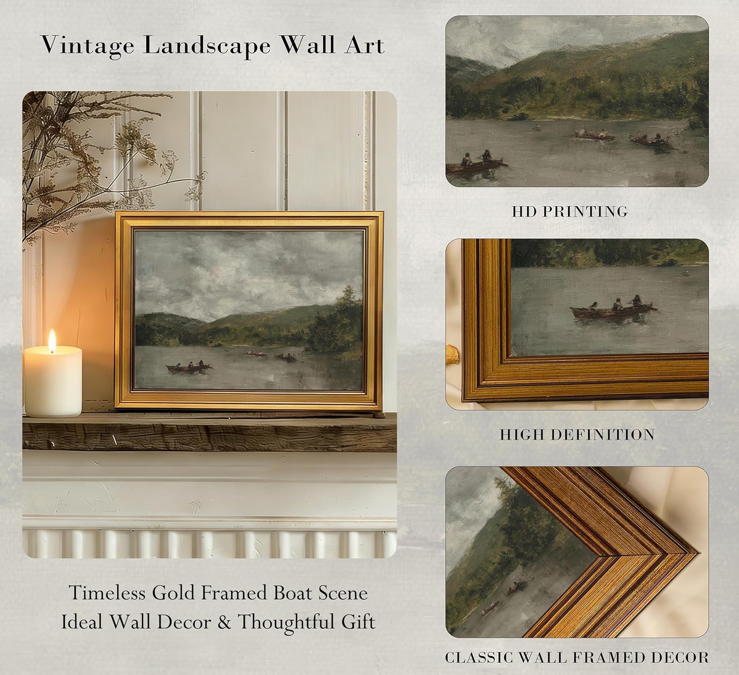Gold Framed Vintage Landscape Canvas Wall Art Relaxed People Boating On The Tranquil Lake Oil Painting Picture Wall Decor Retro Nature Poster Print Artwork for Living Room Bedroom Home Decoration