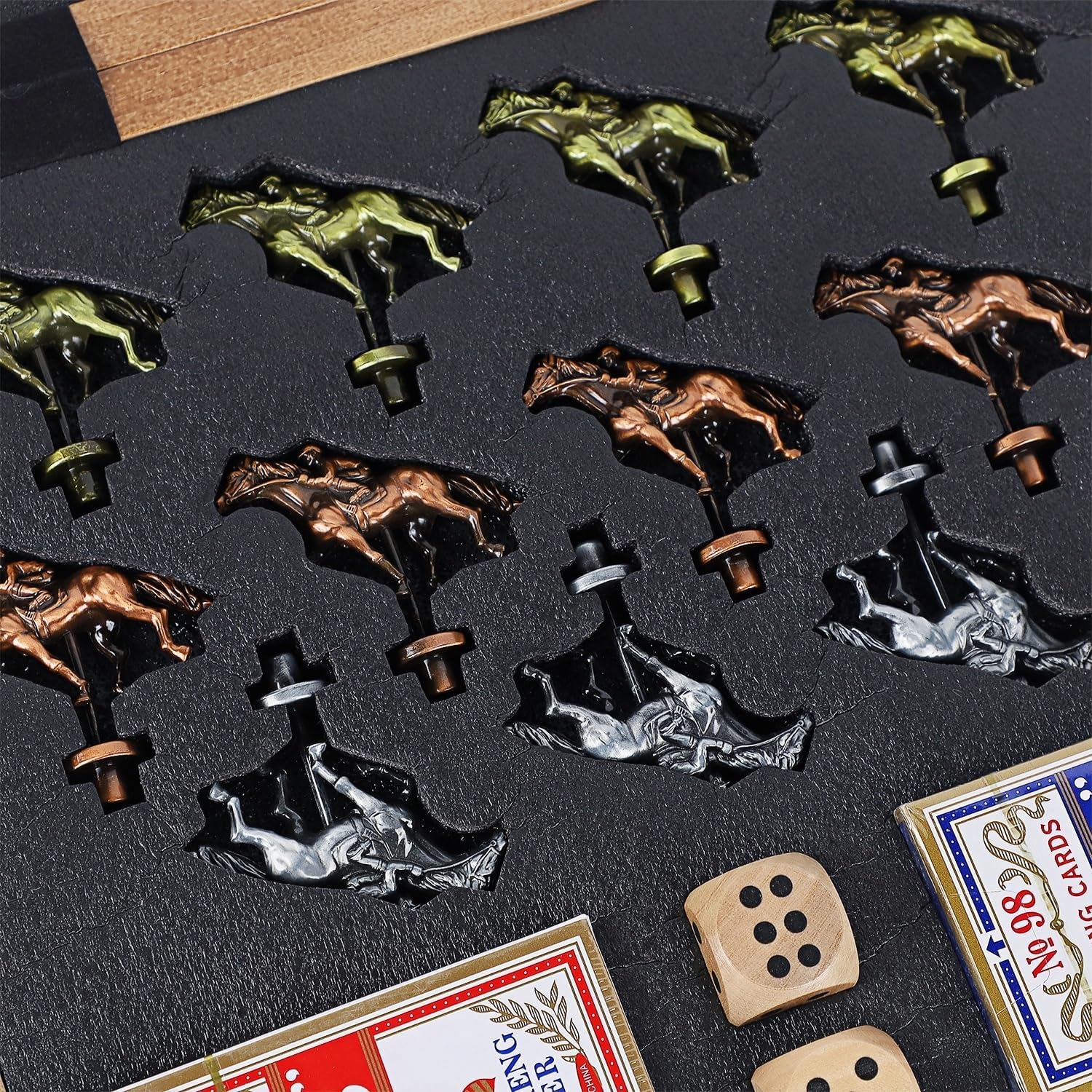 Glintoper Large 21" Horse Racing Game, Horse Race Board Games with 11 Luxury Metal Horses, Foldable Wood Board with 2 Dices 2 Boxes of Cards 40 Poker Chips Finish Line for Parties