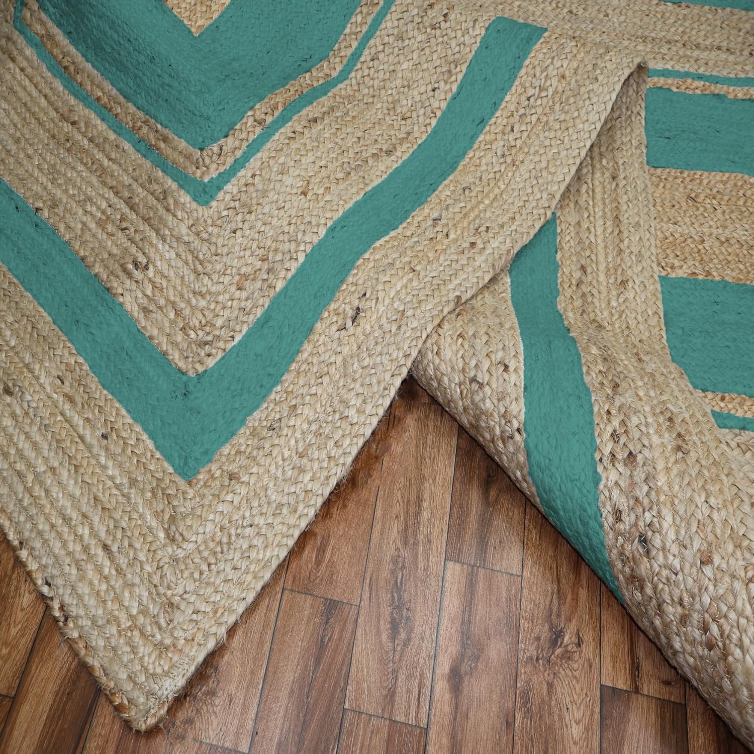 Premium Quality Jute Rug 10x18 Feet Area Rug Natural Fiber Jute Rugs Thick 0.27" Sky-Blue Geometric Border Rugs for Bedroom Kids Room Home/Office Decor Indoor Outdoor Carpet