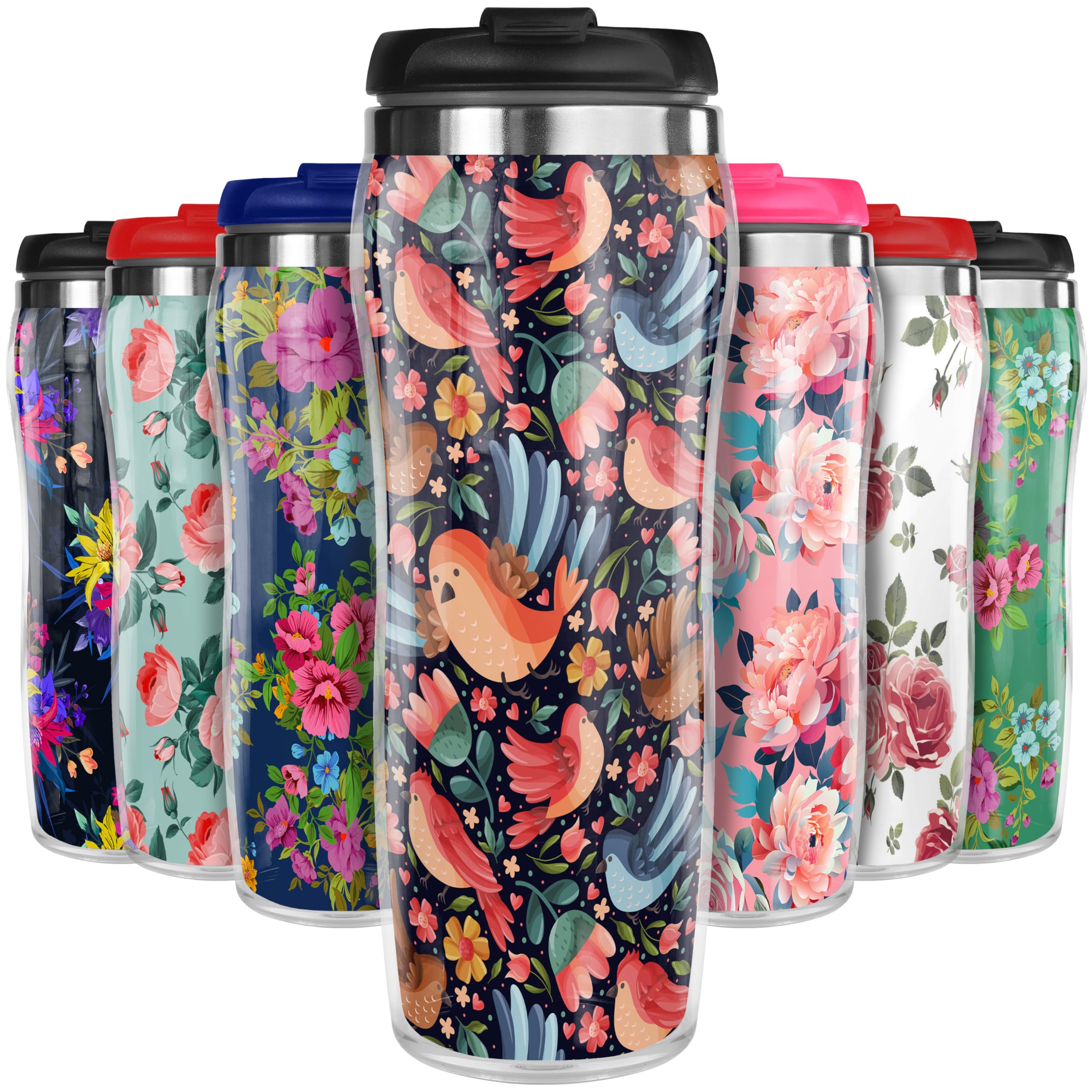 Pixly® Birds and Flowers Thermal Travel Mug Coffee Tea Flask, 400ml/14oz Capacity, Flower, Floral Pattern - Birds & Flowers