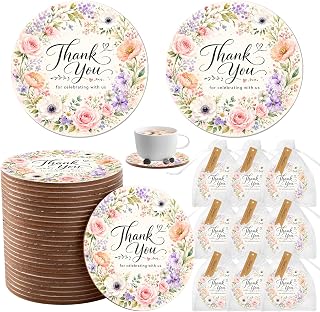 50 PCS Love is in Bloom Floral Coasters for Bridal Shower, 3.9in Cork Coaster with Love is in Bloom Floral Design for Bridal Shower, Garden Party, Wedding Shower and Guest Gifts