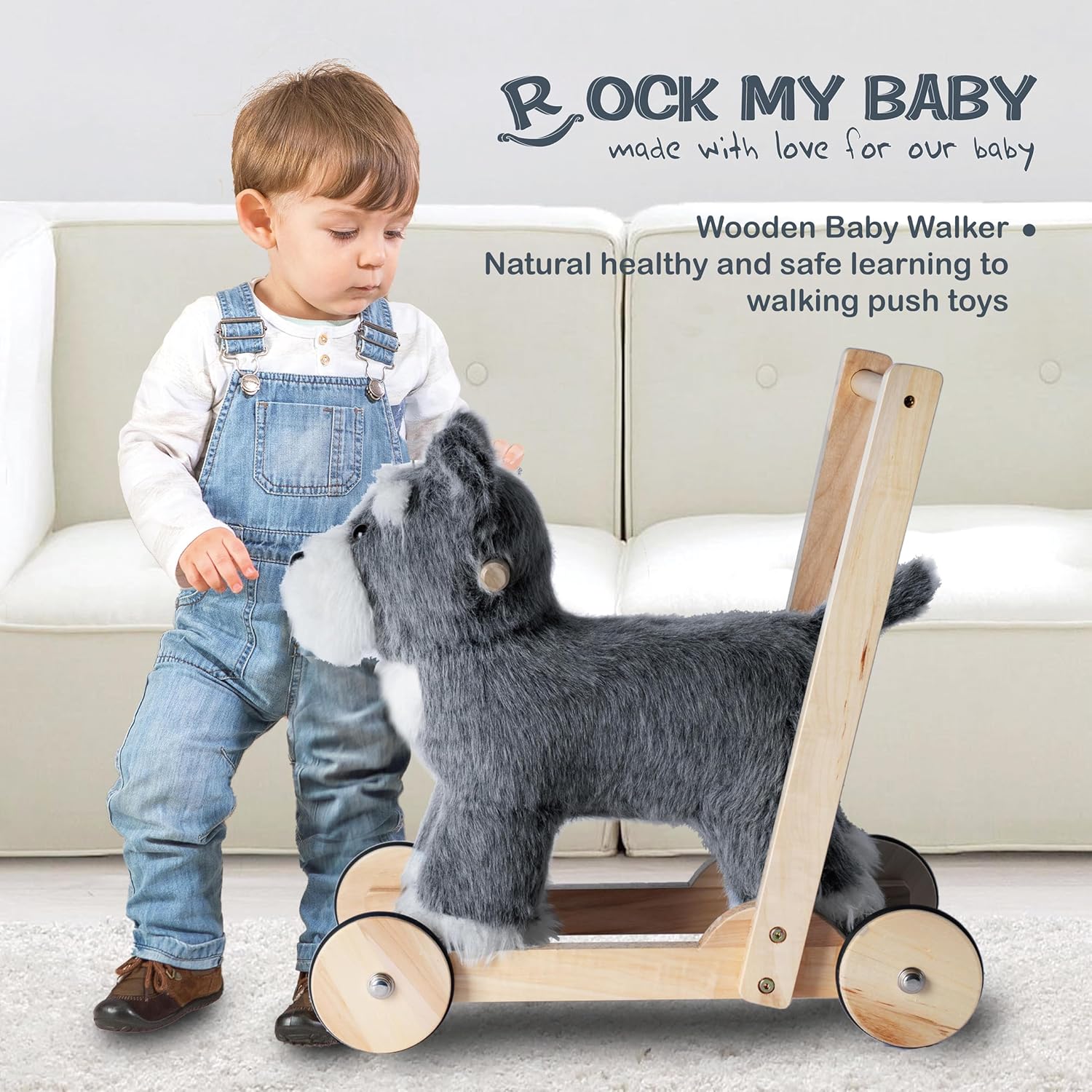 Wooden Baby Walker, 2-in-1 Baby Push Walker & Ride On Toy for Toddlers 12M+, Learning to Walk Toy with Sweet Music, Soft Cuddly Dog Toy for Boys Girls (Schnauzer Dog) CPC Certified