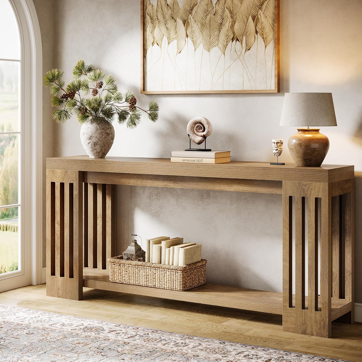 Tribesigns 70.9-Inch Extra Long Entryway Table, Farmhouse Sofa Console Table with Vertical Stripe Legs, 2-Tier Entry Furniture for Living Room, Hallway, Entrance (Light Brown)