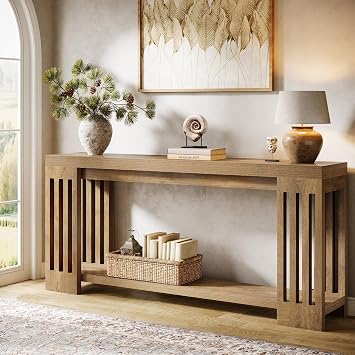 Tribesigns 70.9-Inch Extra Long Entryway Table, Farmhouse Sofa Console Table with Vertical Stripe Legs, 2-Tier Entry Furniture for Living Room, Hallway, Entrance Light Brown