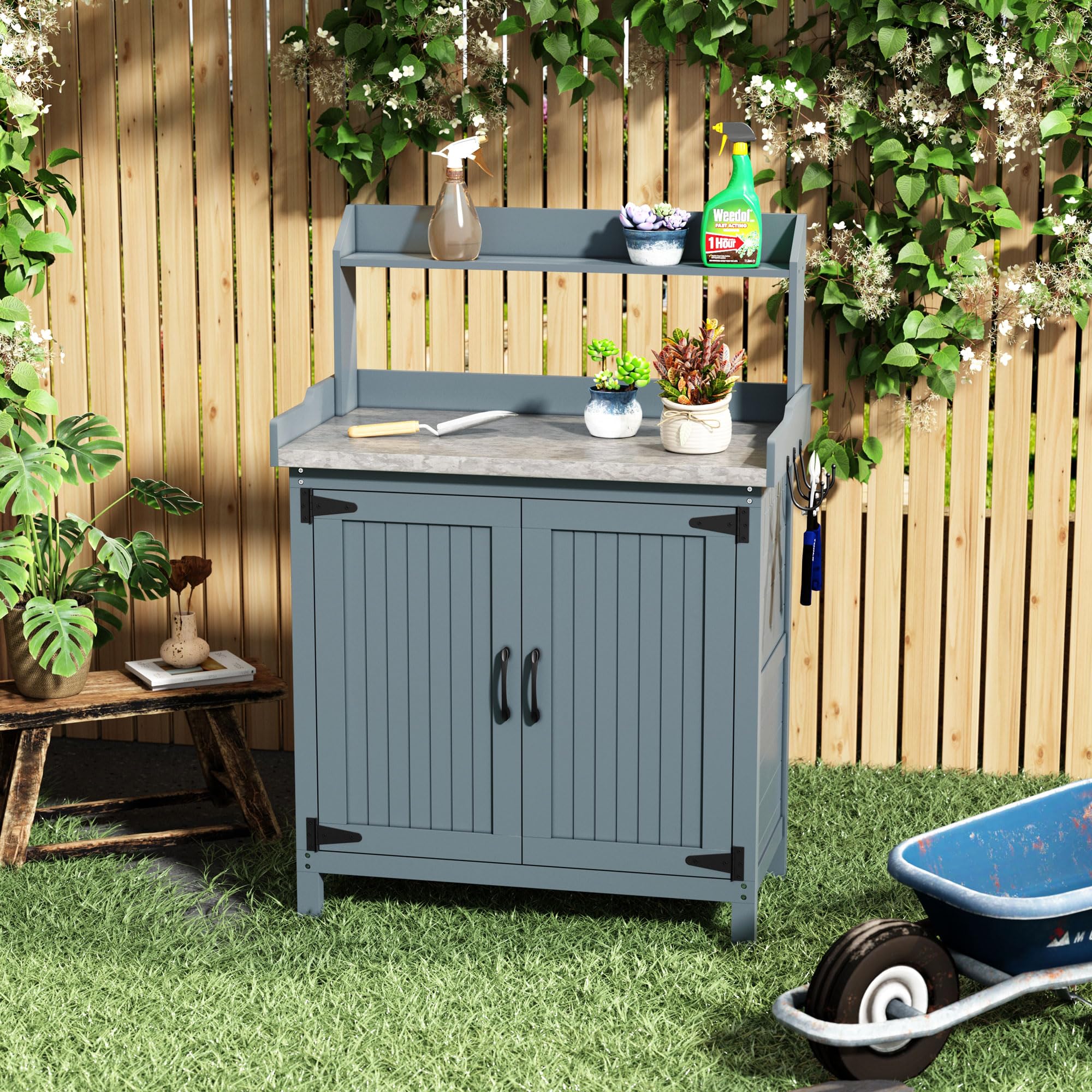 HOLTICO Outdoor Pflanztisch, Massivholz Gartenpflanztisch mit Metall-Arbeitsplatte und Stauraum, Gartenarbeitstisch mit Stauraum, Pflanz-Arbeitstisch für Garten, Terrasse, Hinterhof, Blau