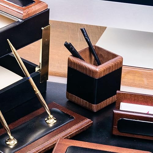 Miniatura 3 de Dacasso Portavasos para lápicesbolígrafos de cuero negro y nogal para escritorio, decoración ejecutiva de lujo y organización de oficina esencial