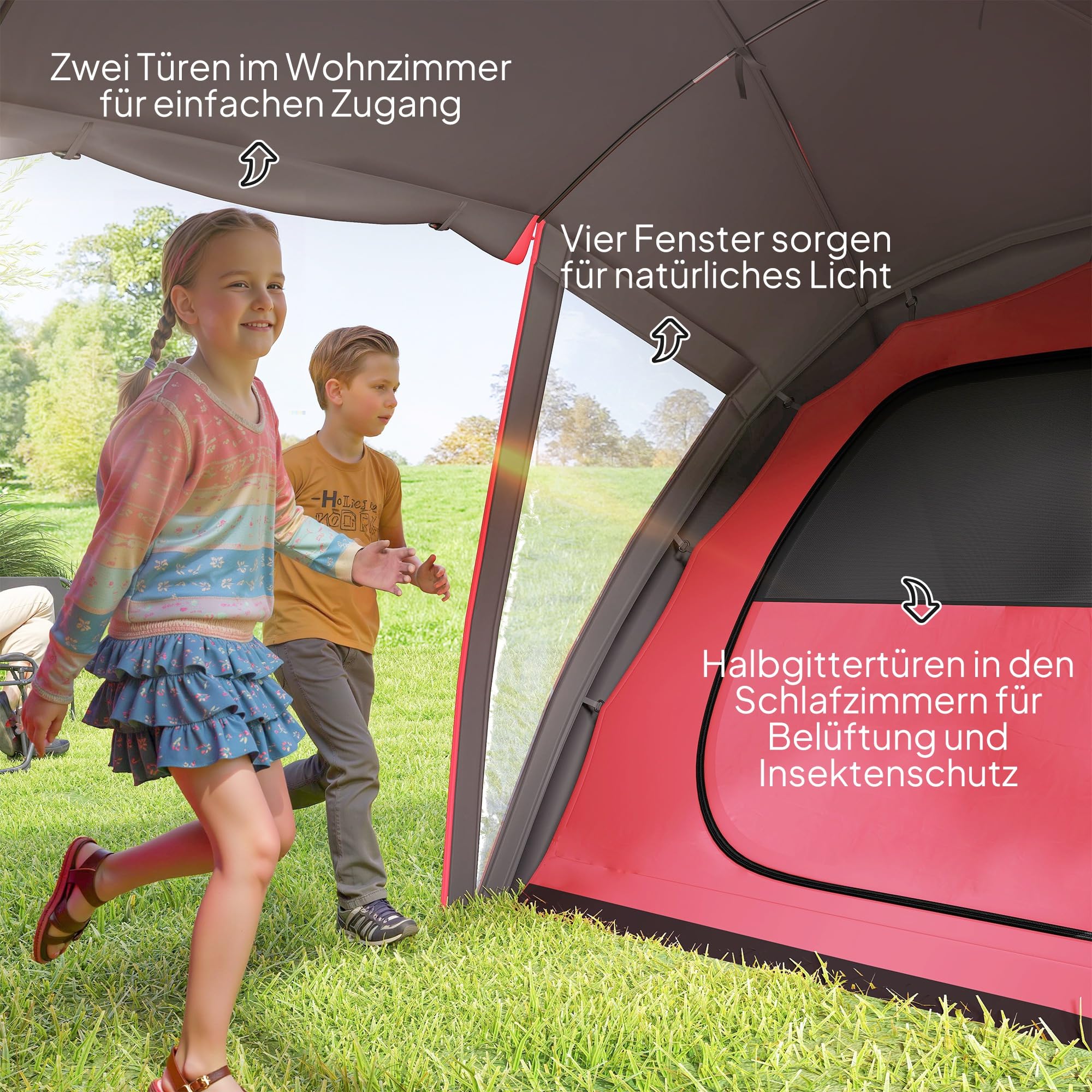 Outsunny Tunnelzelt, Campingzelt für 4-6 Personen, mit 3 Räumen, Lichthaken, Gruppenzelt mit Doppeltüren, 3000mm Wasserabweisend Familienzelt, für Garten, Campingplatz, Grau