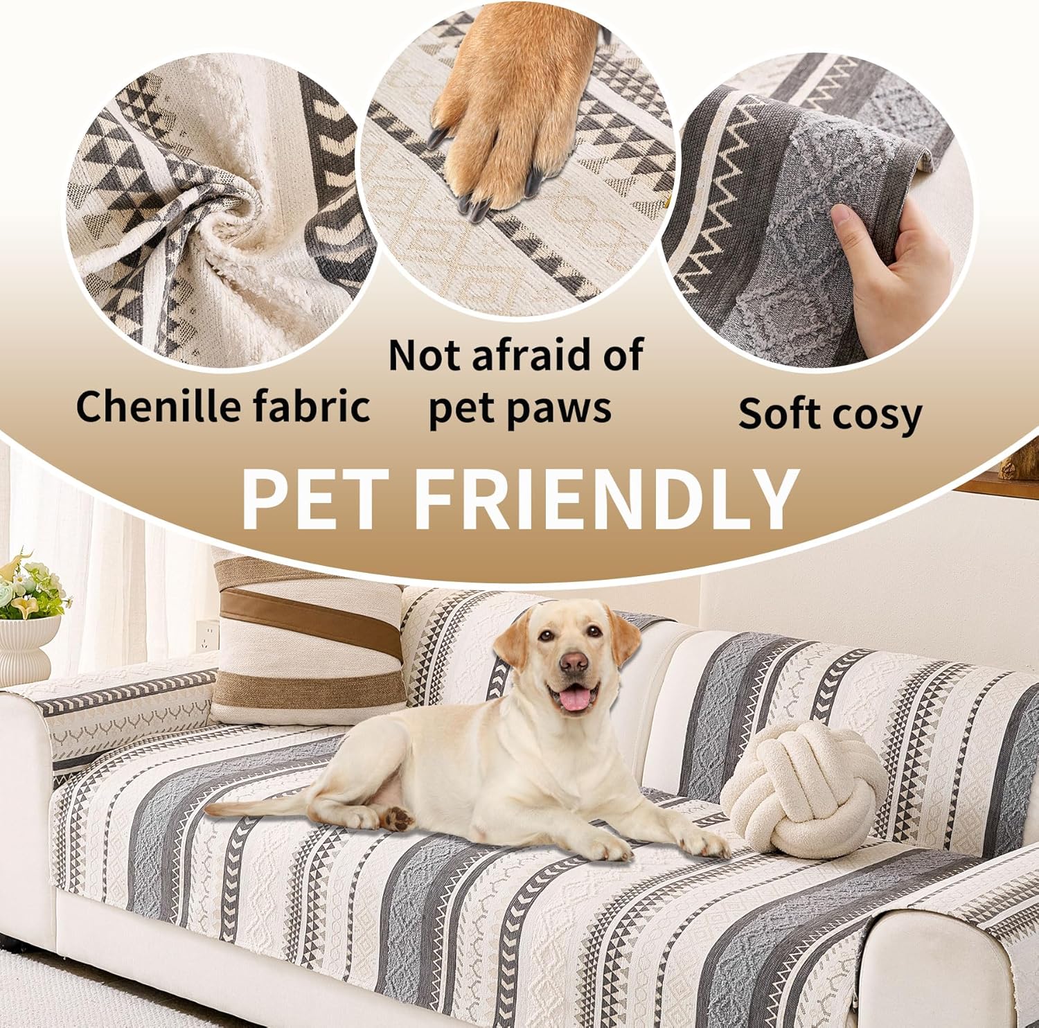 HAOMAIJIA Boho Couch Covers for Sofa, Waterproof Couch Cover for Dogs Soft Chenille Jacquard Non Slip Sofa Covers for Pets Washable Couch Protector (Grey, 36.5" x 95" 1 Pack)