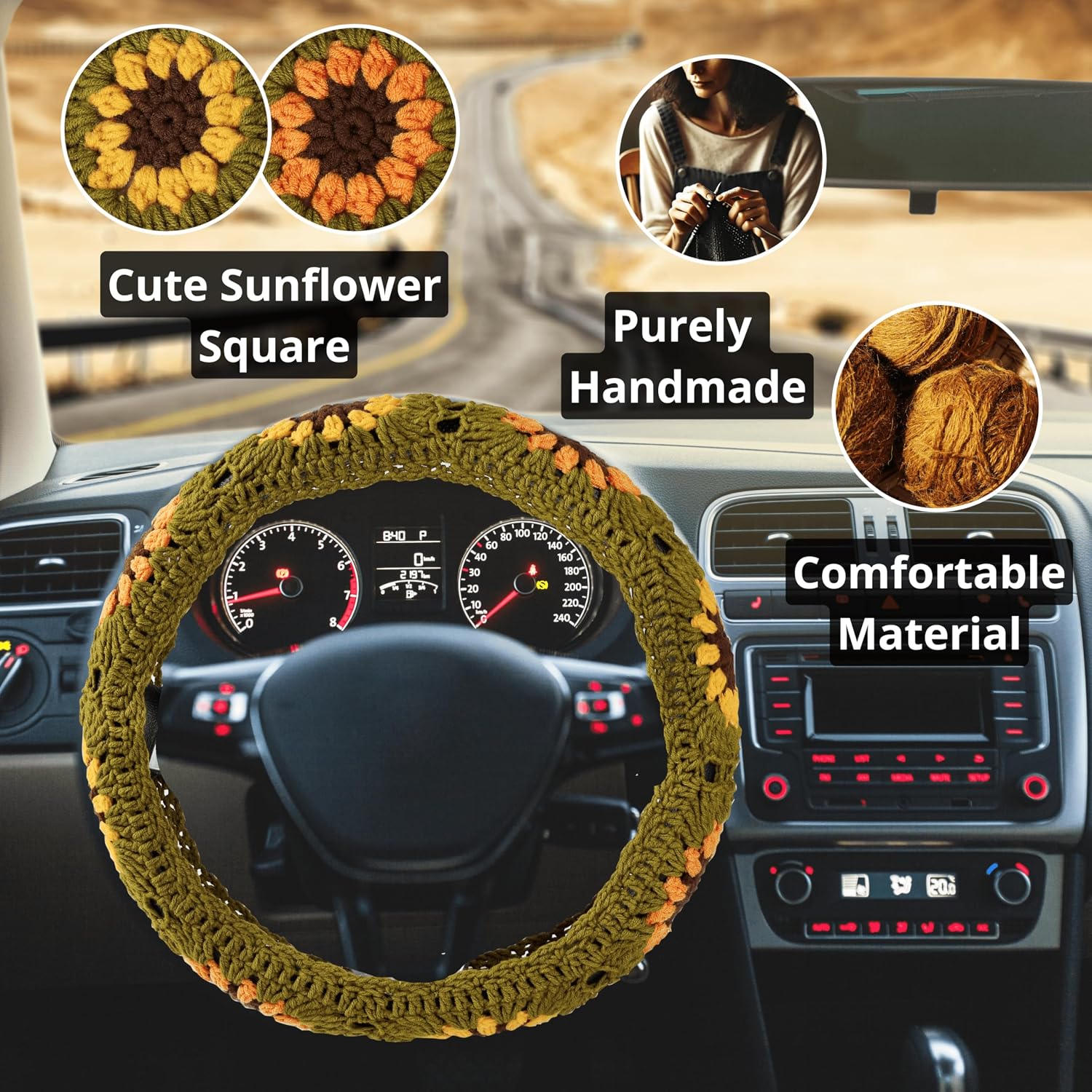 Crochet Steering Wheel Cover Set, Cute Car Steering Wheel Cover Boho 14-15in, Handmade Brown Sunflower Granny Square Pattern Gift, Women Car Accessories (A Wheel Cover)
