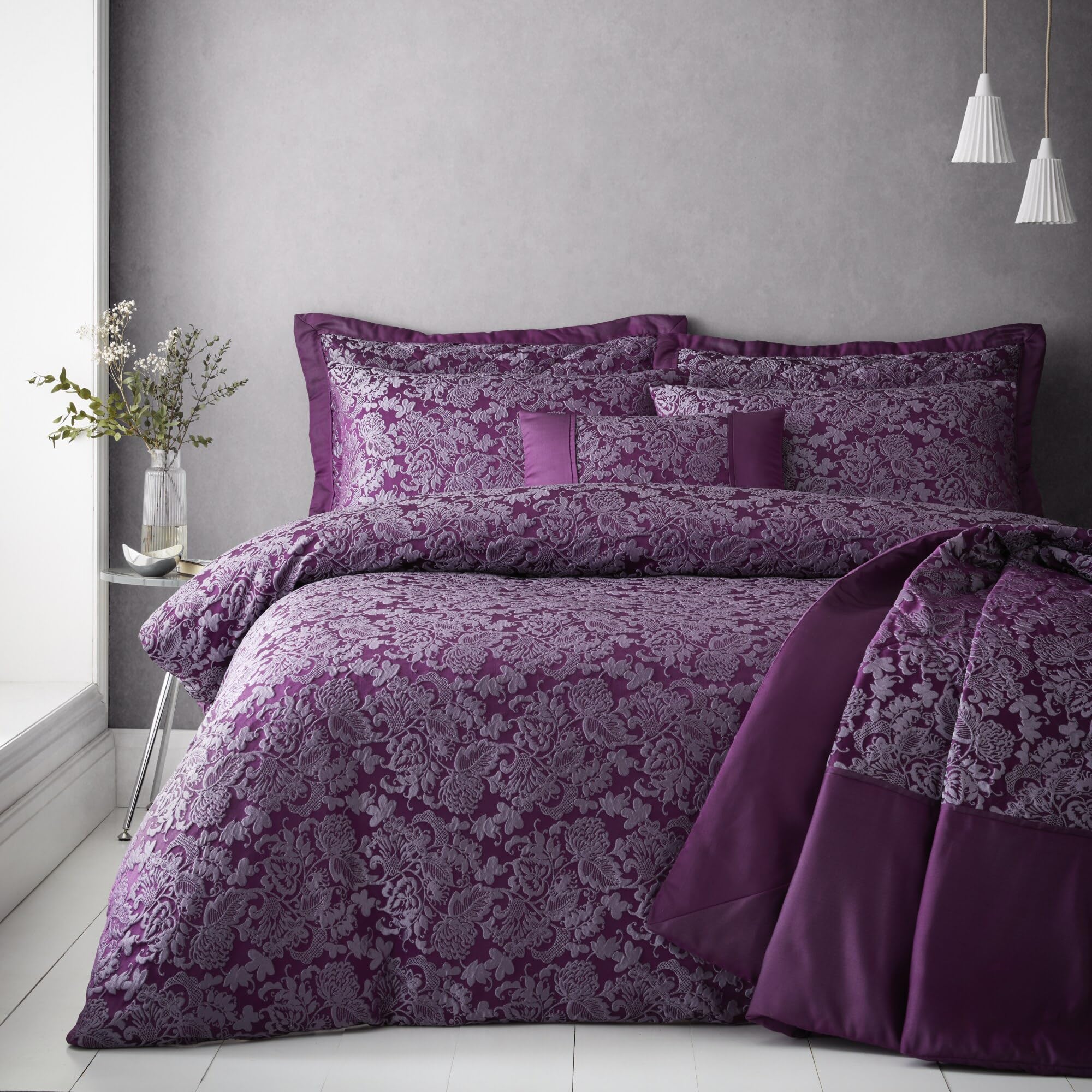 Portfolio Home Sandringham Damask Plum King Soft Easy Care Bed Linen Bedding Duvet Cover Quilt Set With Pillow Cases