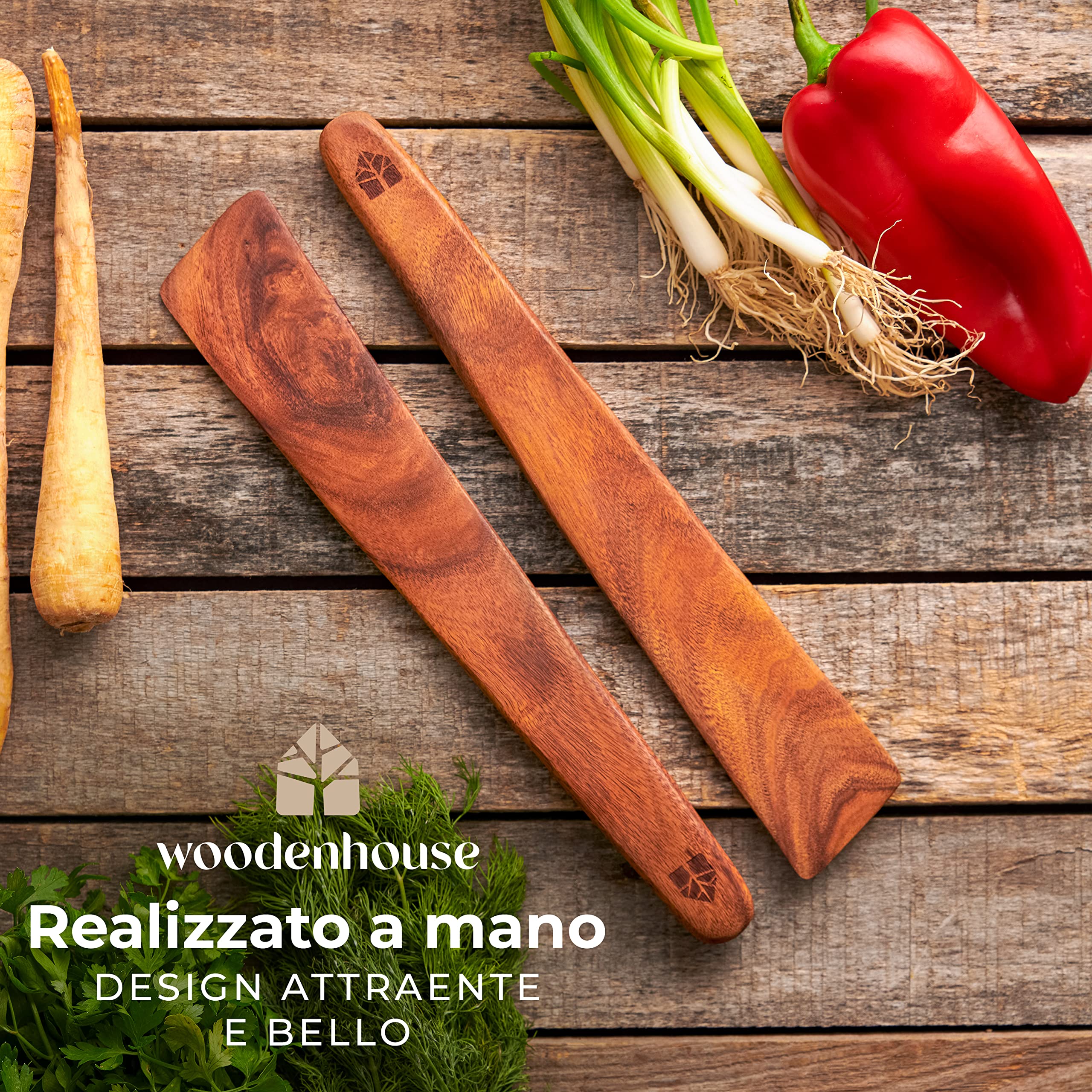 Set Utensili Cucina Legno, Spatole da Cucina, Attrezzi Multiuso per Girare, Spalmare e Raschiare Alimenti, Antigraffio, Ideali per Ghisa, 2 pezzi