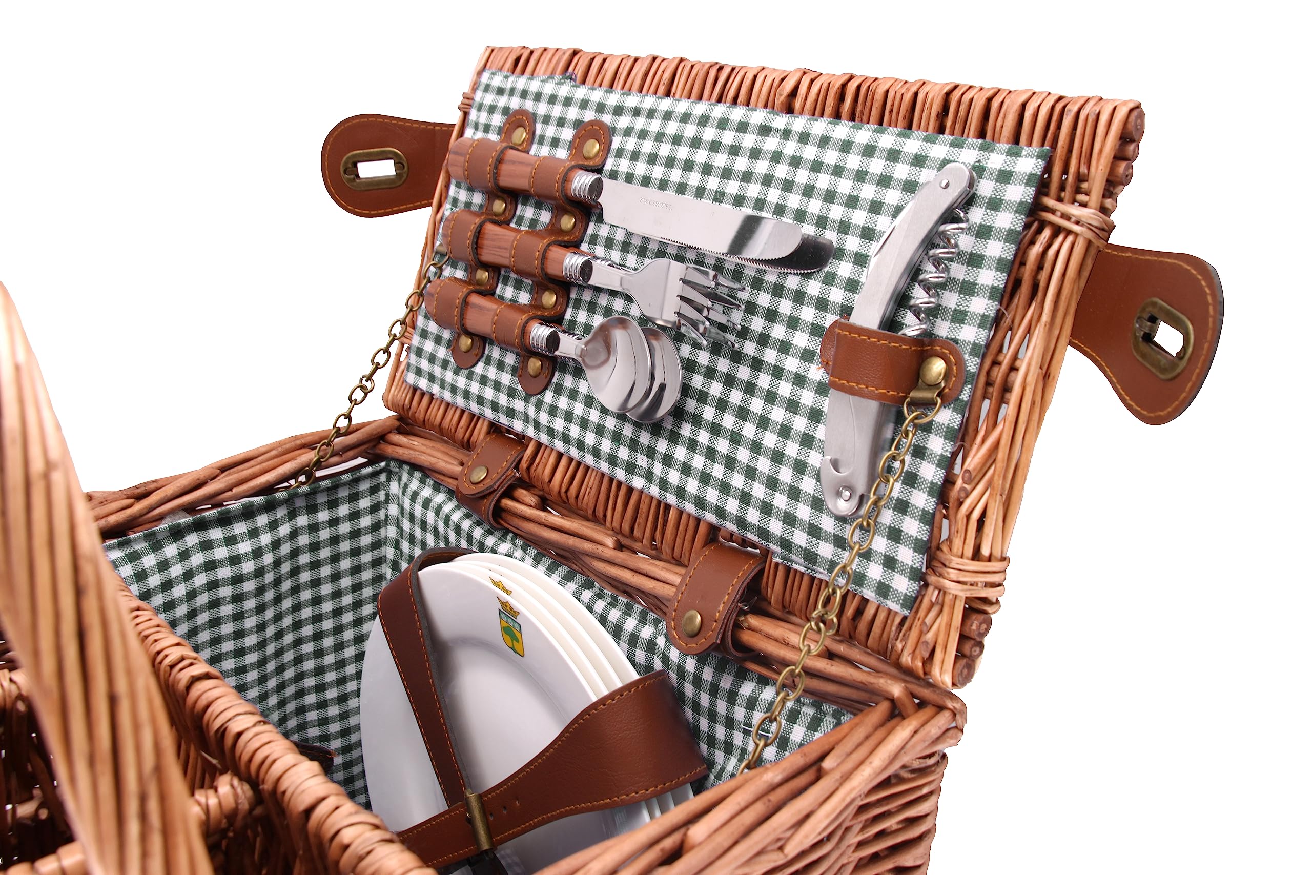 Les Jardins de la Comtesse - Cestino da Picnic Saint-Germain Verde - Vimini Natural - Completo/4 Pers - Scomparto Isotermico - Piatti in Ceramica/Bicchieri da Vino - Tessuto Marrone - 46 x 36 x 24 cm