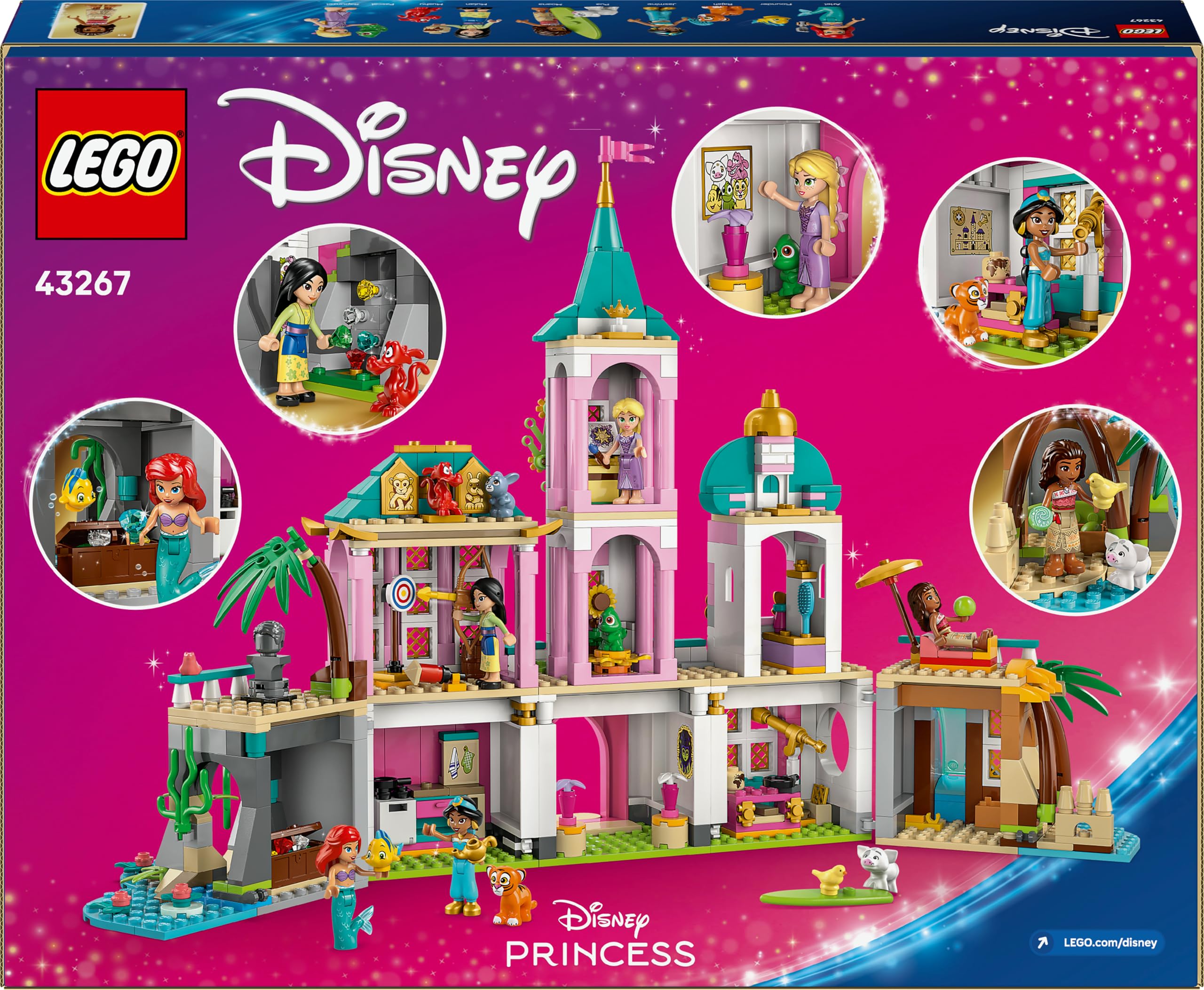 LEGO ǀ Disney Princess Schloss & königliche Haustiere – Set mit detaillierter Innenausstattung – inkl. Arielle, Rapunzel, Mulan, Jasmin & Vaiana Mini-Figuren – Geschenk für Kinder ab 6 Jahren – 43267