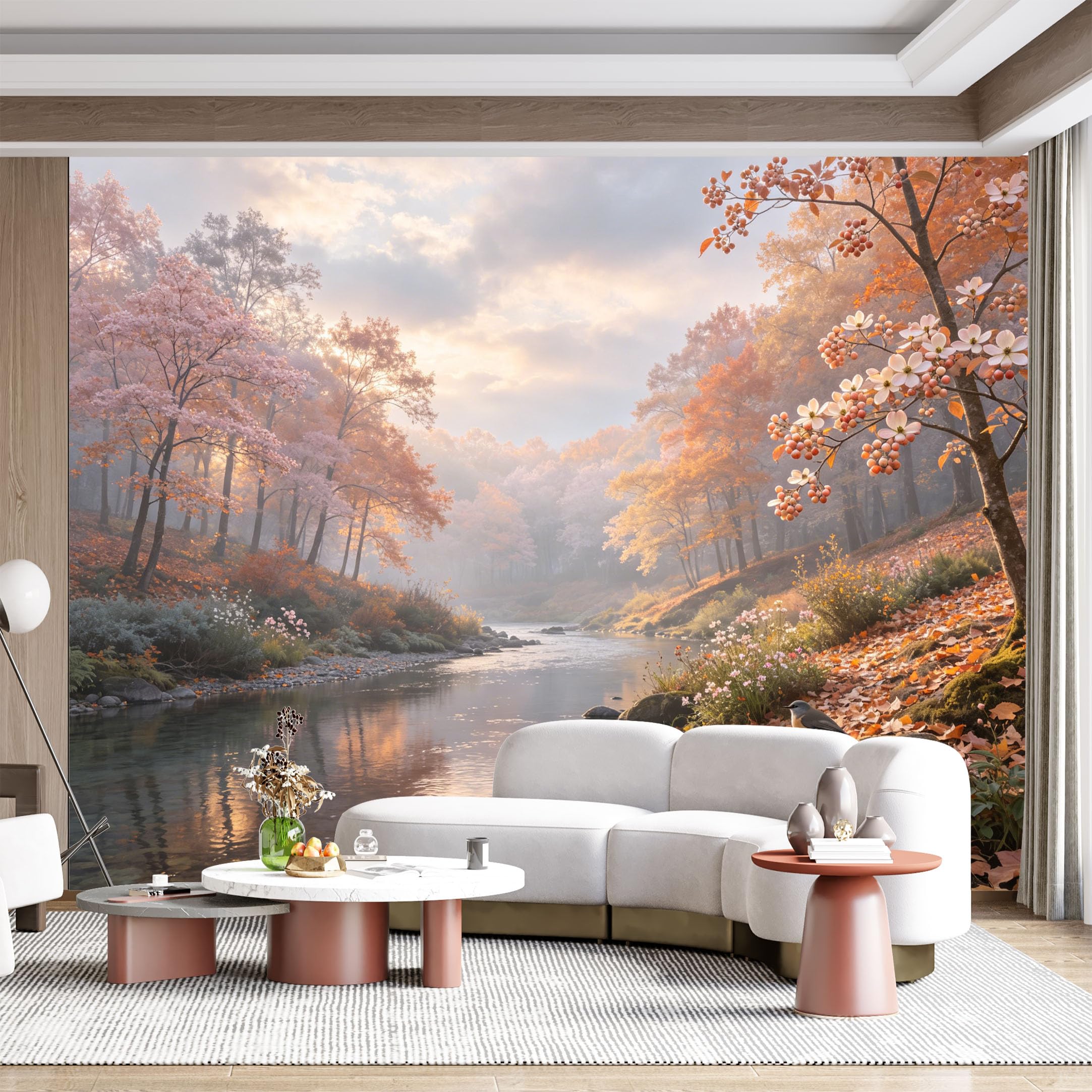 Custom Size Wall Mural Autumn Forest River Landscape Serene Nature Scenery Watercolor Effect SelfAdhesive Wall Fabric Removable for Home Office Decor