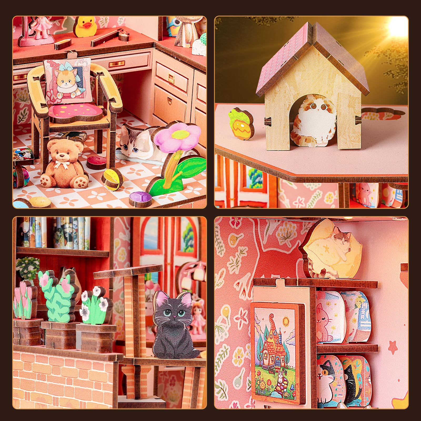 Cuteefun Maison Miniature DIY Kit, Maison Poupee Bois avec LED, Construction à Tenons et Mortaises, Facile à Assembler, Cadeaux d'anniversaire, de Noël, d'halloween (Cabane à Chat)