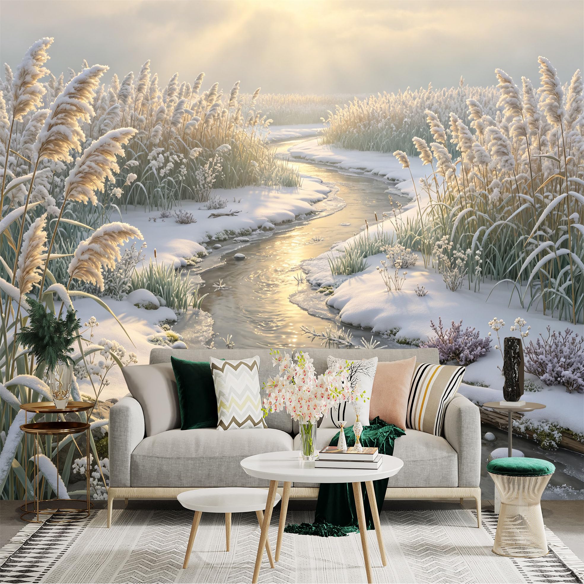 Lnzczhyre Bh260719453 Custom Size Wall Sticker Mural， Snowy River Landscape， Winter Nature Scene， Frozen Stream， Soft Morning Sunlight， For Wall Decoration， Peelandstick Wall Decals.