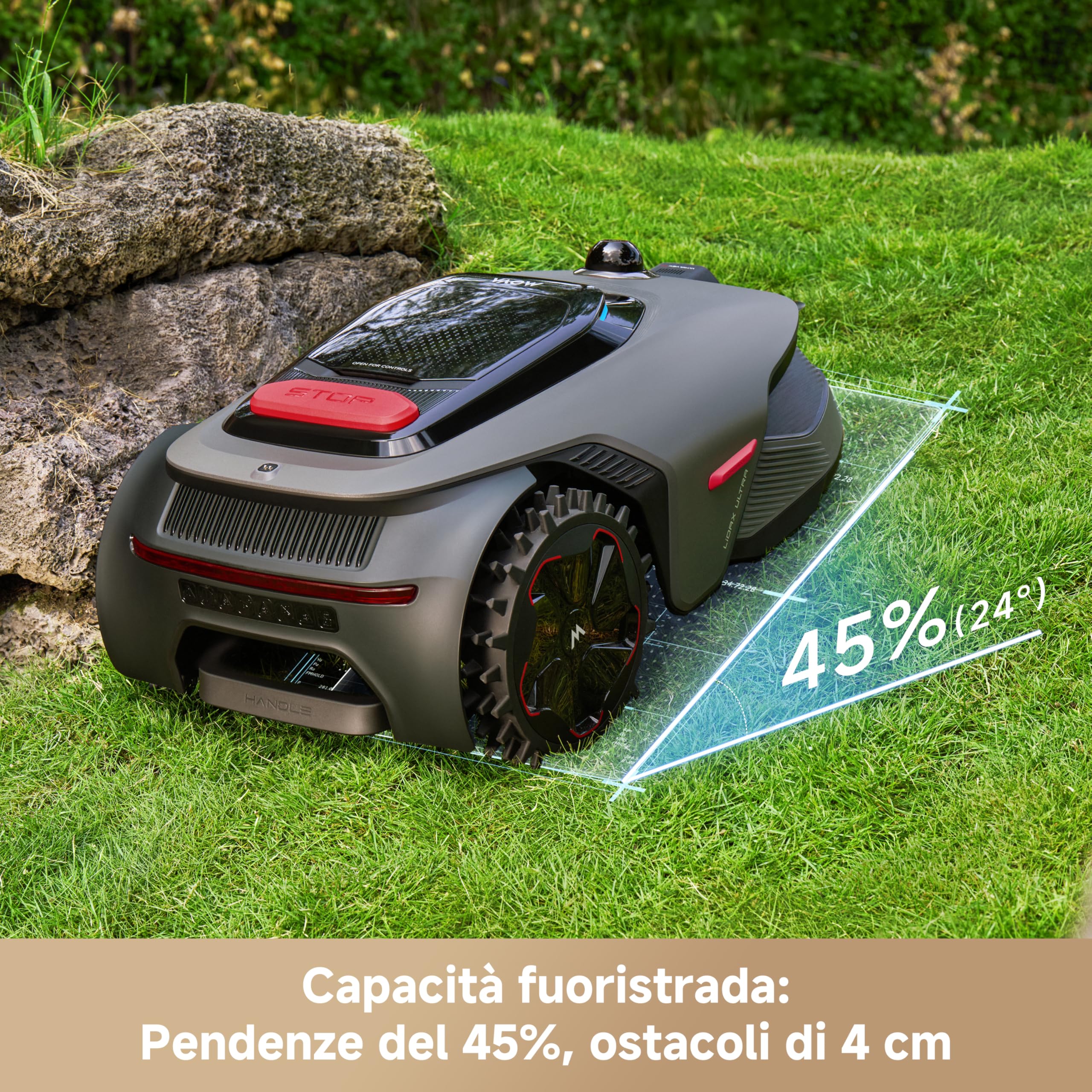 MOVA LiDAX Ultra 1200 Robot cortacésped, sin RTK, mapeo automático con LiDAR 3D de 360°y visión con IA, Corta a Menos de 5 cm de los Bordes, en terrenos complejos, rutas eficientes en Forma de U