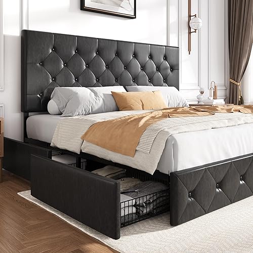 SHA CERLIN Upholstered King Size Platform Bed Frame with 4 Storage Drawers, Adjustable Headboard with Diamond Stitched Button Tufted Design, Wooden Slat Support, No Box Spring Needed, Black