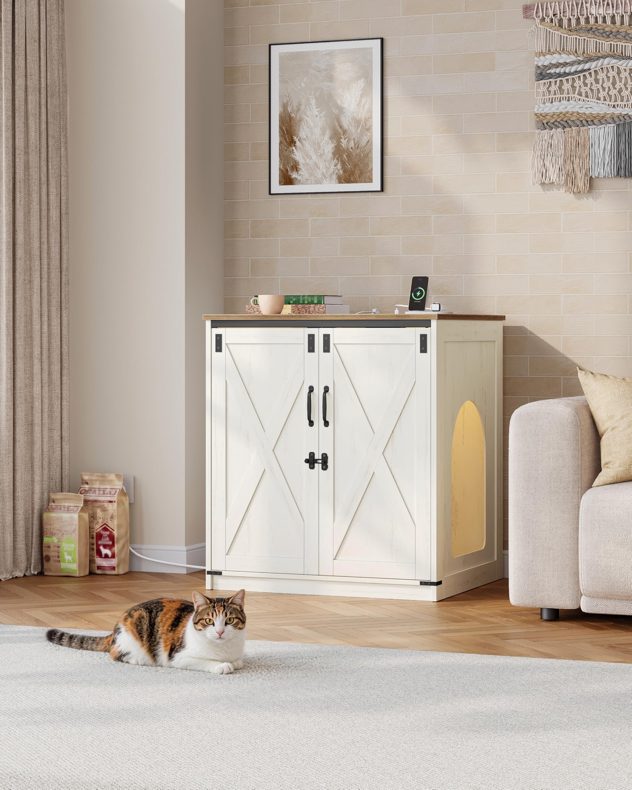 Hzuaneri Mueble Arenero Gato Grande, Caseta Madera Escondite Arenero para Arenero Autolimpiante con Plataforma Giratoria y Estación de Carga, con Cerradura, 82x70x90cm, Marrón Vintage y Blanco