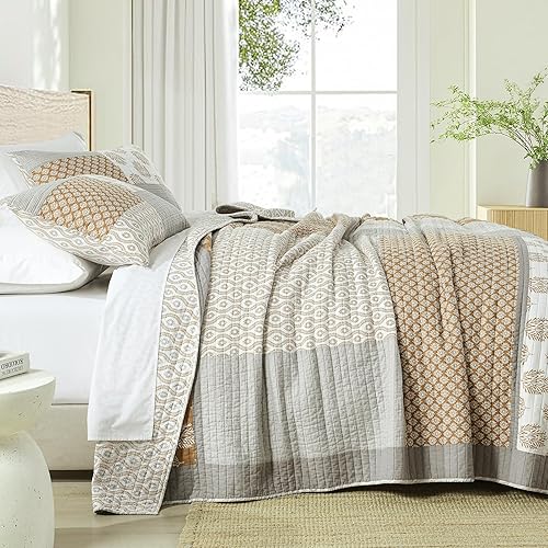 Miniatura 10 de Finlonte - Juego de edredón de algodón tamaño Queen acolchado 3 piezas reversible ligero decoración de cama para todas las estaciones colcha de