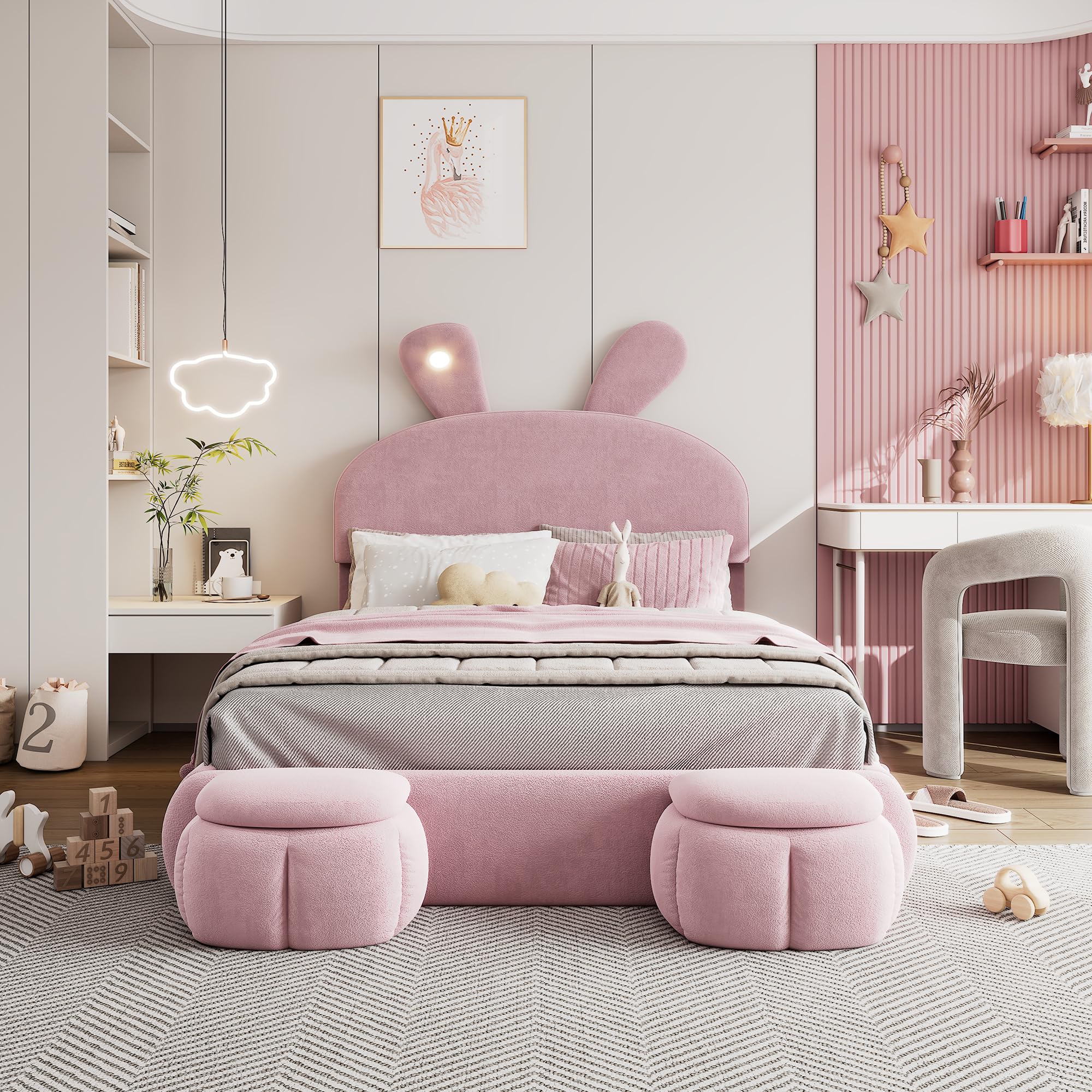 Letto Matrimoniale con Contenitore 140x200 con LED e 2 Sgabelli Contenitore, Letto Una Piazza e Mezza con Testiera e Vano Portaoggetti, Bambini con Rete a Doghe Struttura in Velluto, Rosa