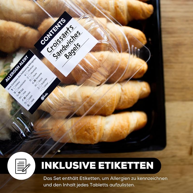 ebake Újrahasználható Tálaló Tálca Fedéllel (25 db, 33x23x5 cm) - Fekete Alj/Átlátszó Fedél - Ételtároló Doboz Partikra - Címkékkel