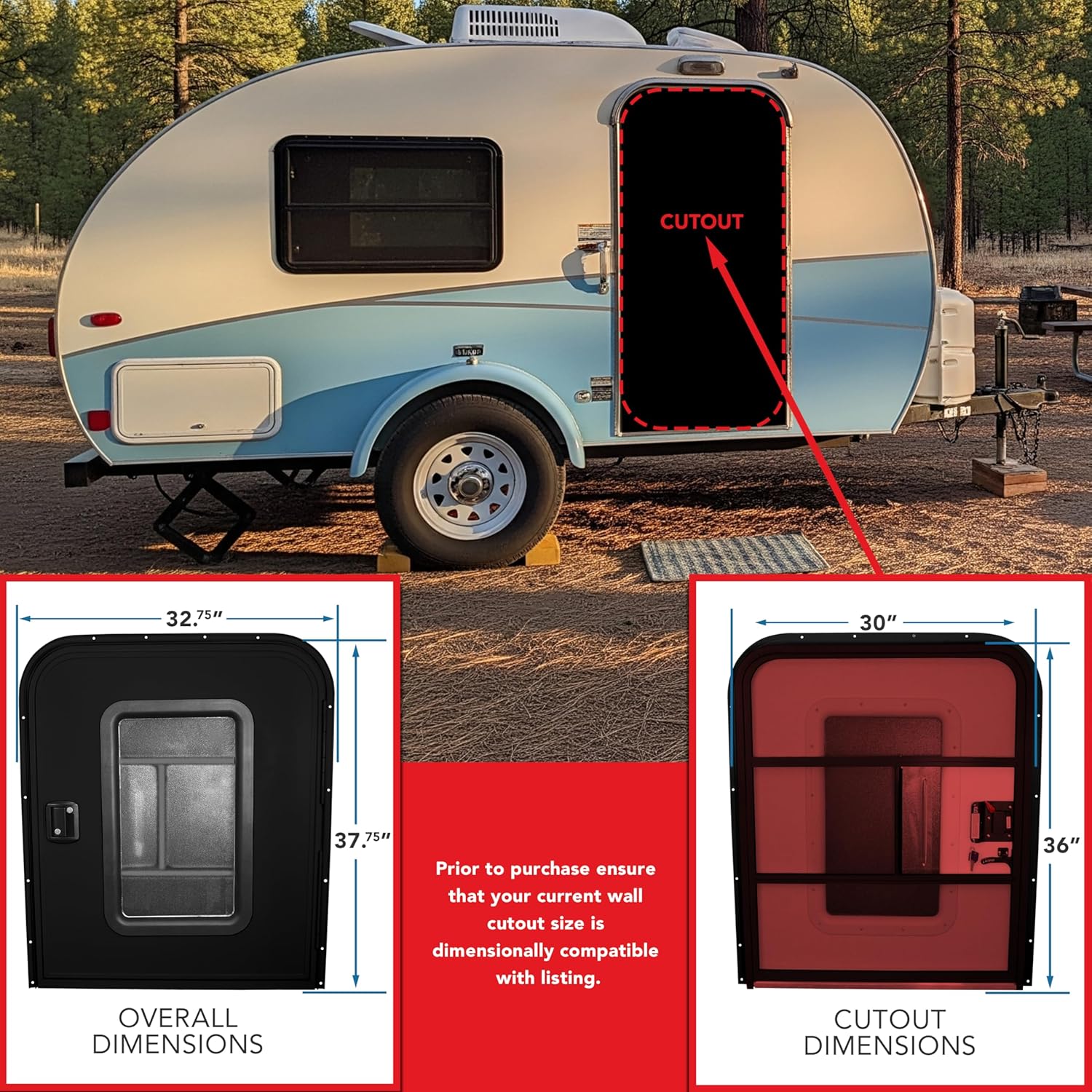 Teardrop 30" X 36" Face Mount Foam Core Passenger Side Door with Radius Corners on Top and Square Bottom with Screen Door (30"(W) X 36"(H) Pass Side, Black)