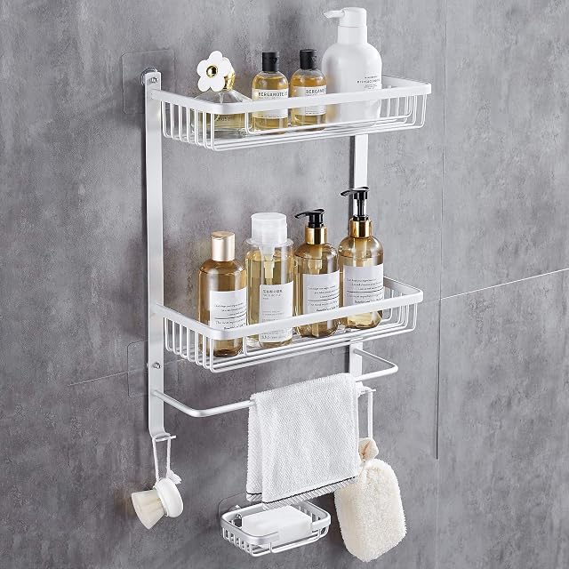 DUFU Bathroom Shelf Organizer Space Aluminum Self Adhesive Shower Caddy Adhesive Bathroom Shelf Wall Mounted No Drilling Strong Shower Caddies Kitchen Racks Storage 2 Tier-Silver