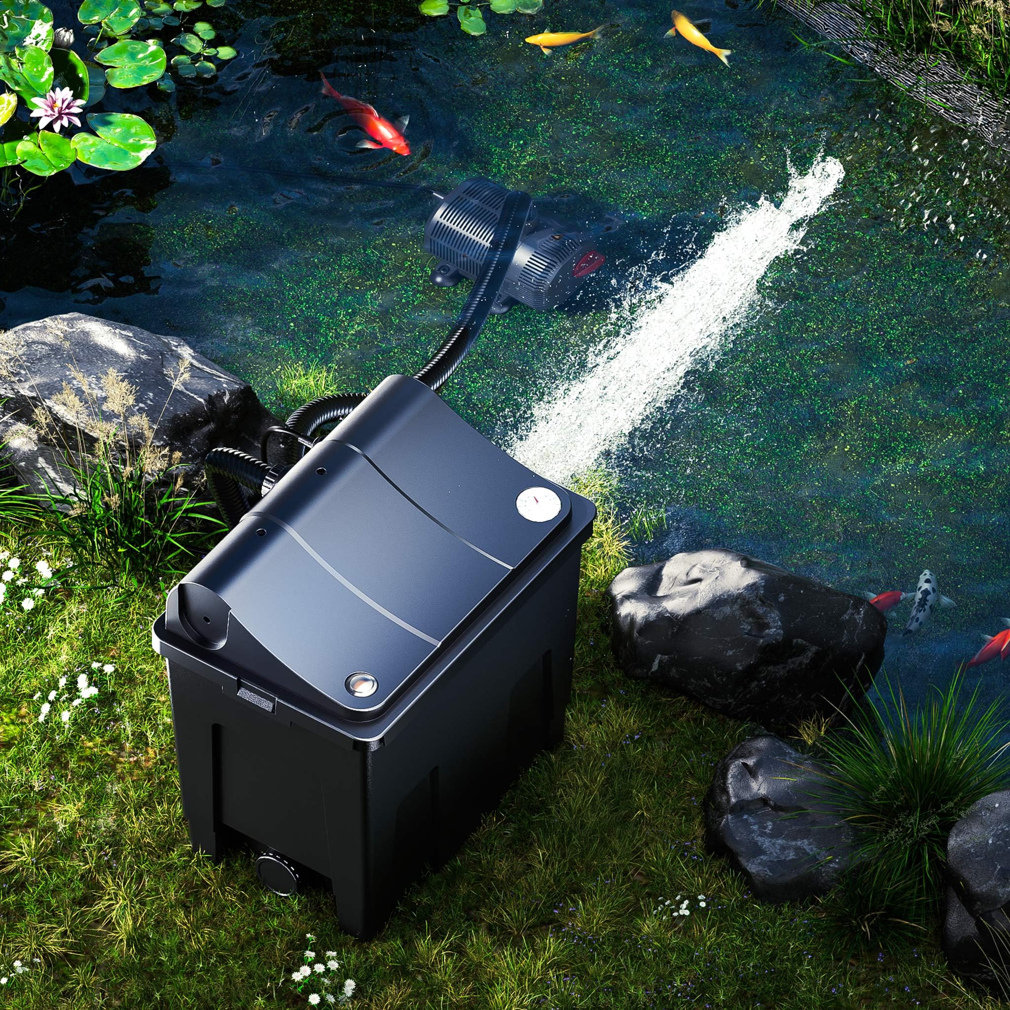 SunSun CBF-200T Bio Filtro de Estanque Set Completo con clarificador UVC 9 W, Bomba 2300 l/h 35 W termómetro y Medios fitrantes, Sistema de filtración biológica