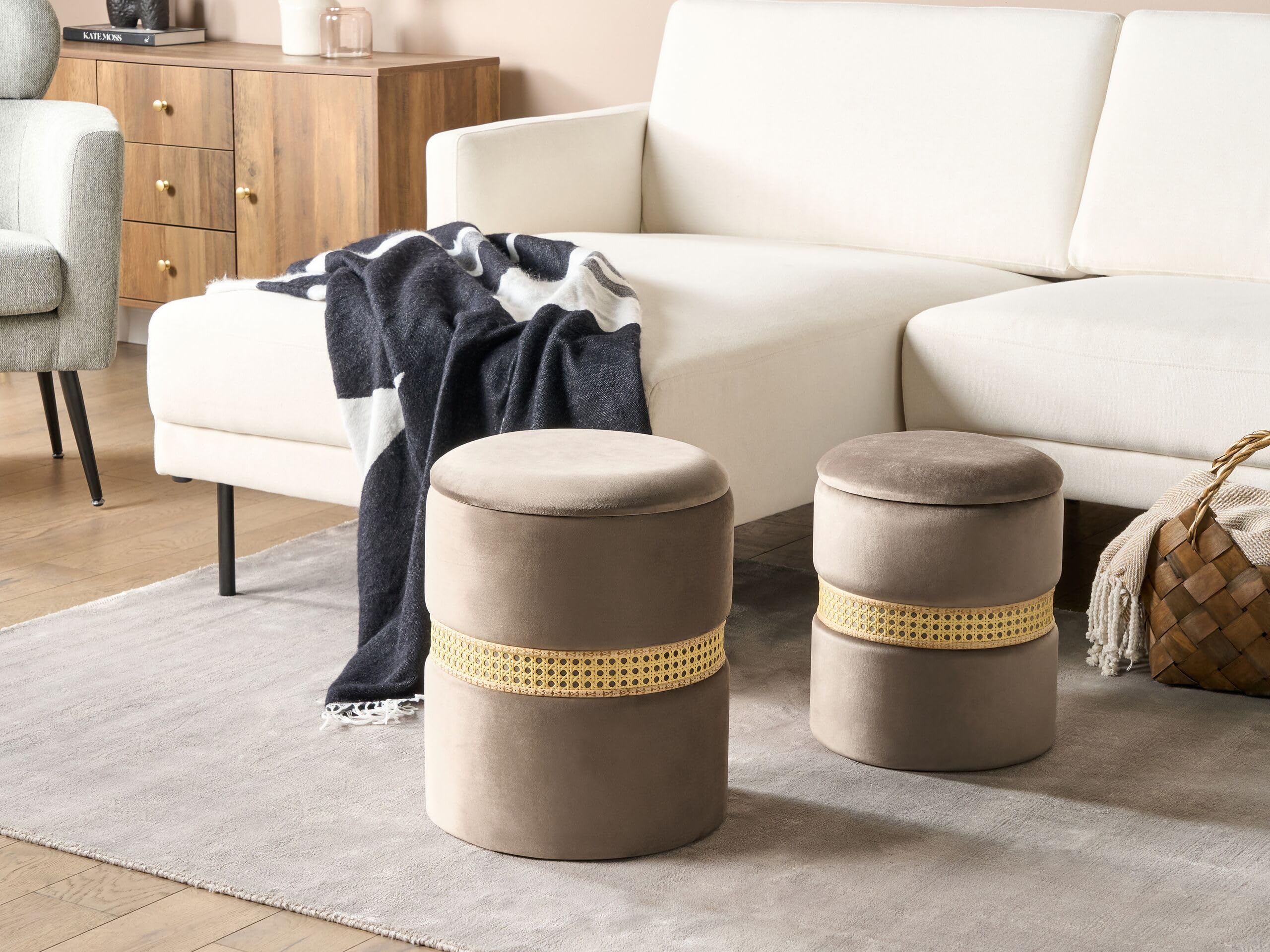 Beliani Poufs Coffre en Velours Taupe Rangement Salon Assise Supplémentaire Lot de 2 Medford