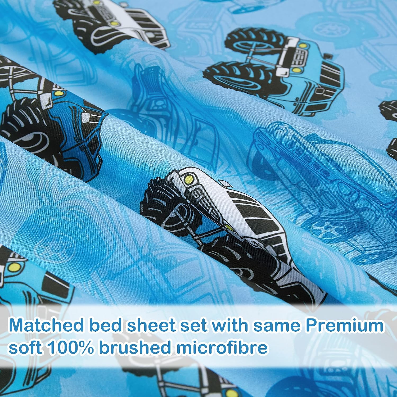 Softan Kids Full Size Bed Sheets, 4-Piece, Deep Pocket, Trucks Pattern | Microfiber Sheets Set, Boys Blue Sheet and Pillowcase Sets, Breathable & Soft, 15" Deep Pocket and Corner Straps