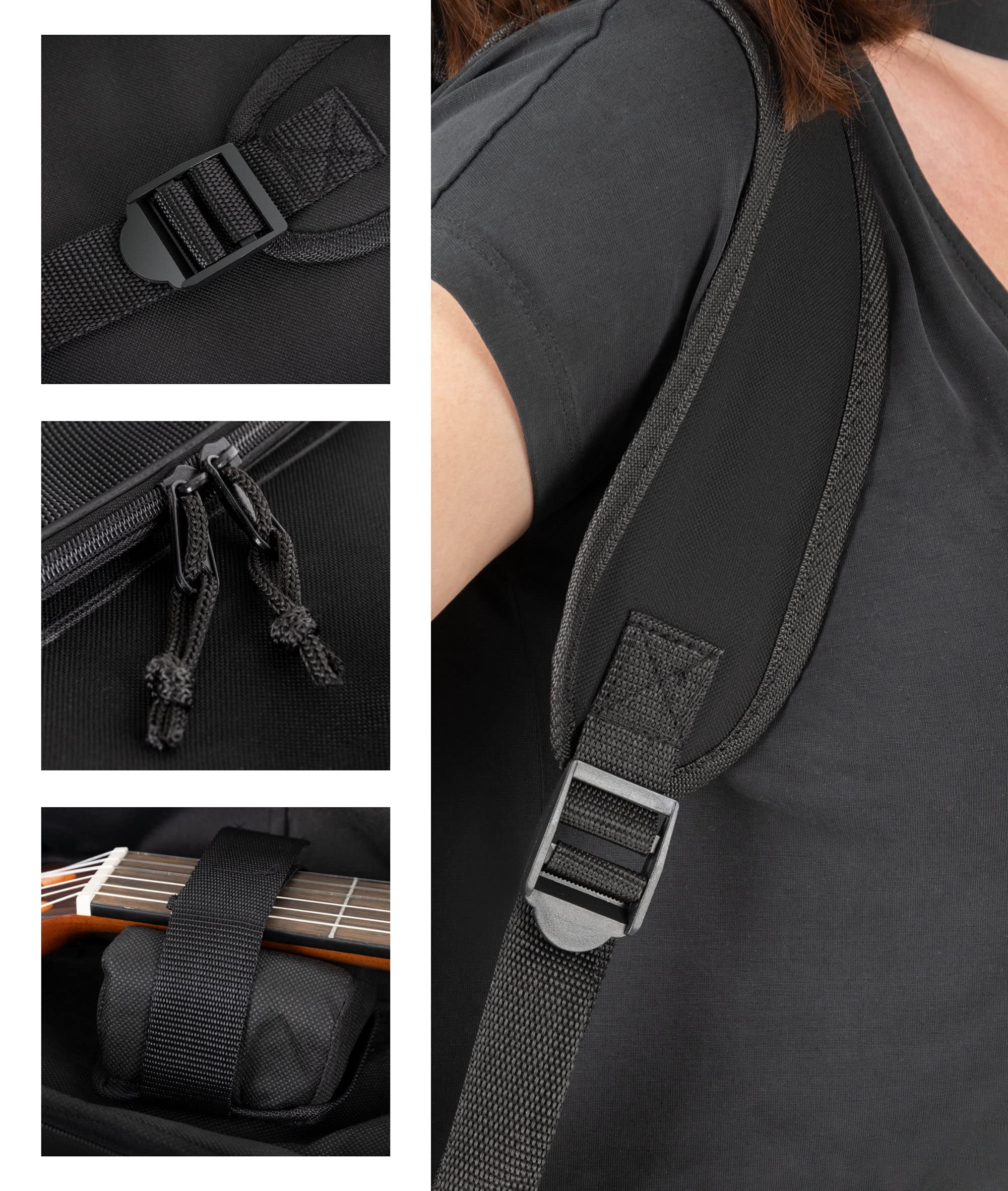 ROCKTILE Klassik-Gitarrentasche 4/4-Größe - wasserabweisender Gigbag mit weicher Polsterung und Fixierung im Halsbereich - Rucksack-Gurte - Große Aufsatztaschen für Noten und Zubehör - Schwarz