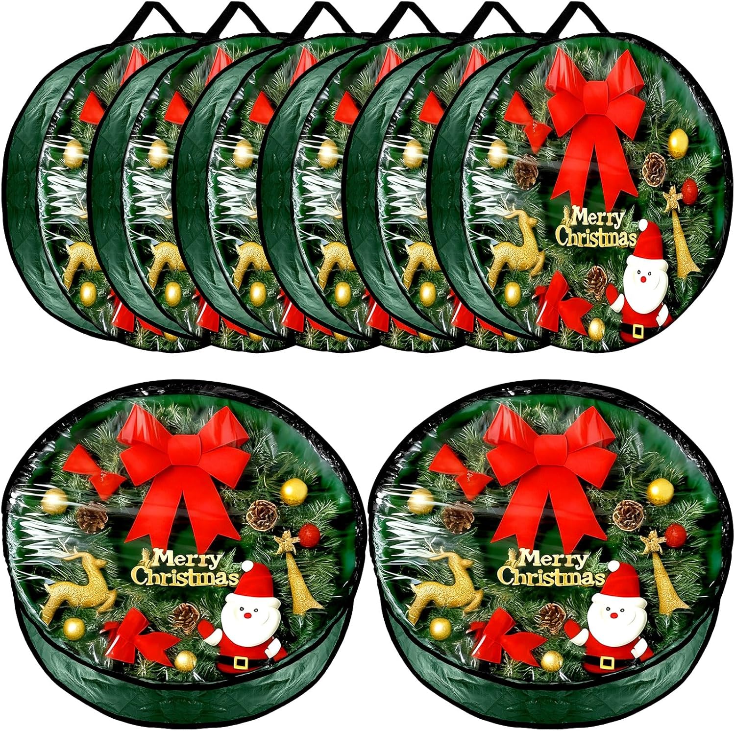 Dunzy 8 Pieces Wreath Container Christmas Wreath Storage Bag Garland Tear Resistant Fabric Round Boxes with Clear Window for Storage for Xmas Holiday Ornament(36×36×7.8 Inch,Green)