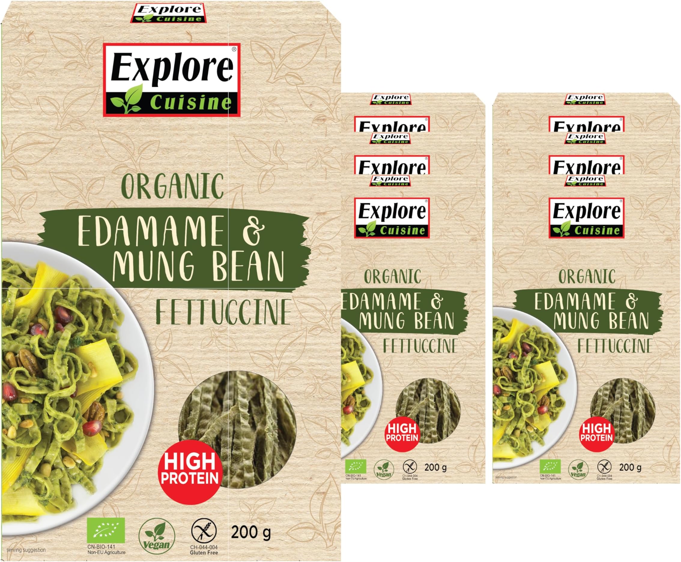 Explore Cuisine Edamame and Mung Bean Fettuccine, Delicious Low Carb, Plant-based Vegan Pasta, High in Protein, High in Fibre, Gluten Free, Easy to Cook 6 Pack - 6 x 200g
