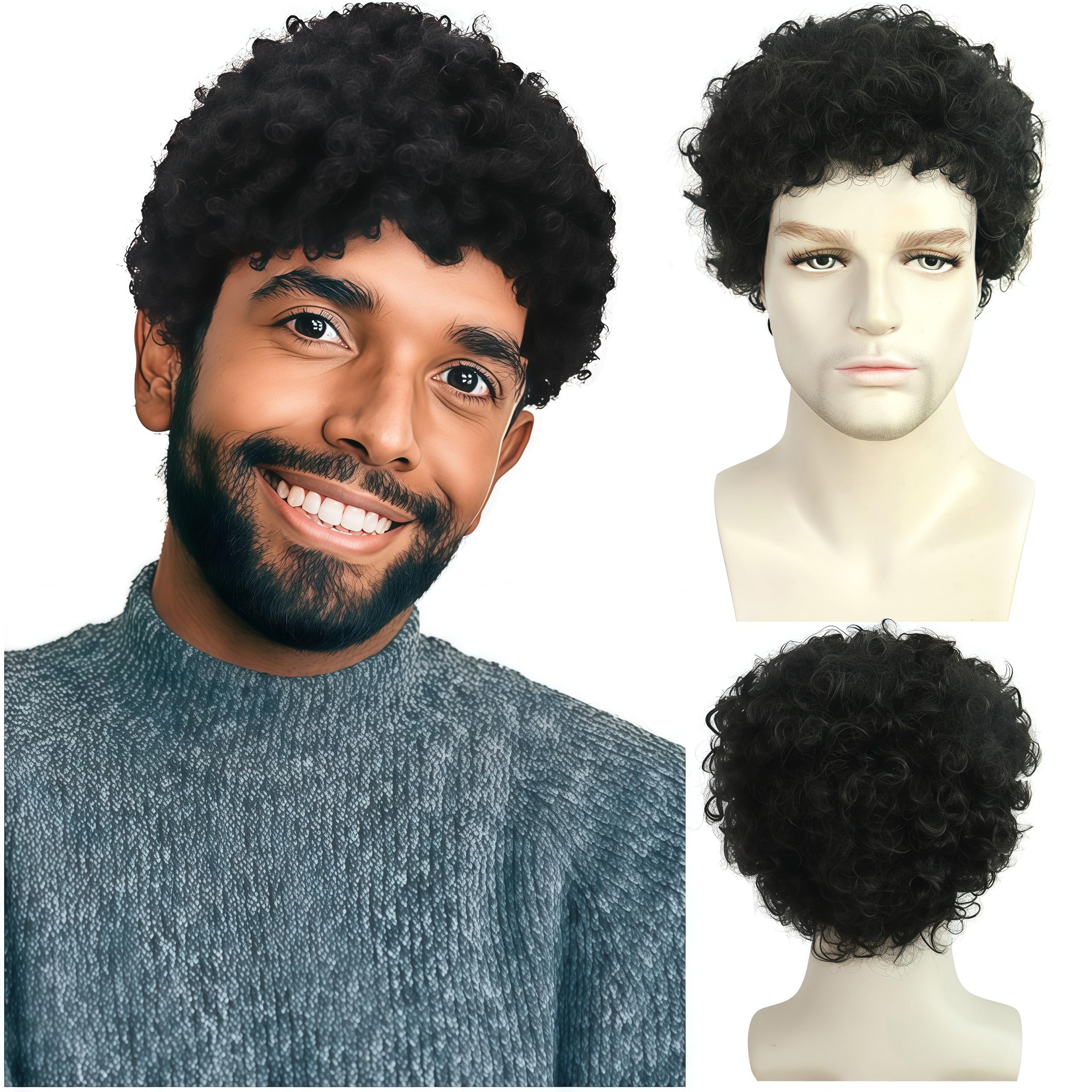 HUNIGIR Mens Black Afro Wig Short Kinky Curly 70s Disco Wig Tight Afro Black Hair Heat Resistant Synthetic Hair for Halloween Cosplay Costume Party